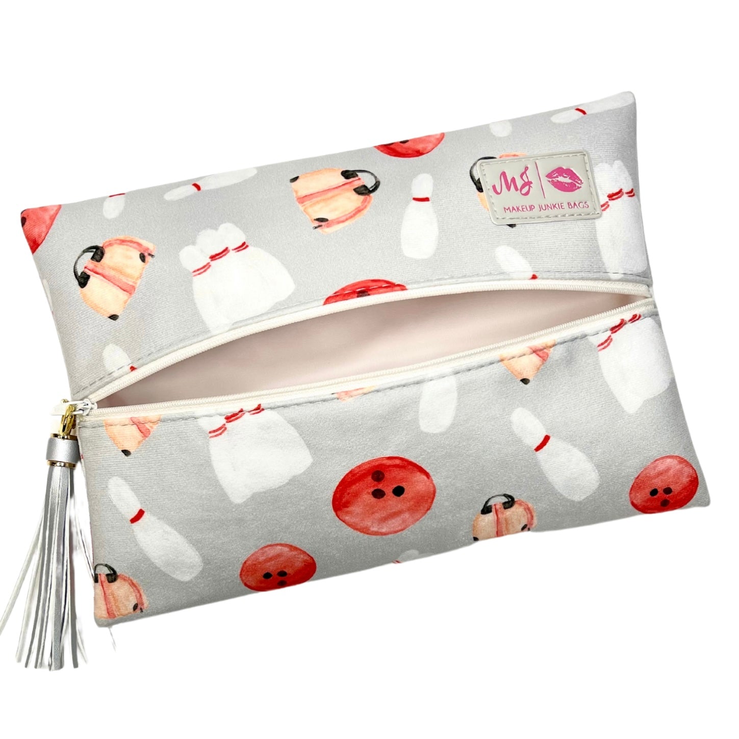 Pouch with bowling-themed design on a white background
