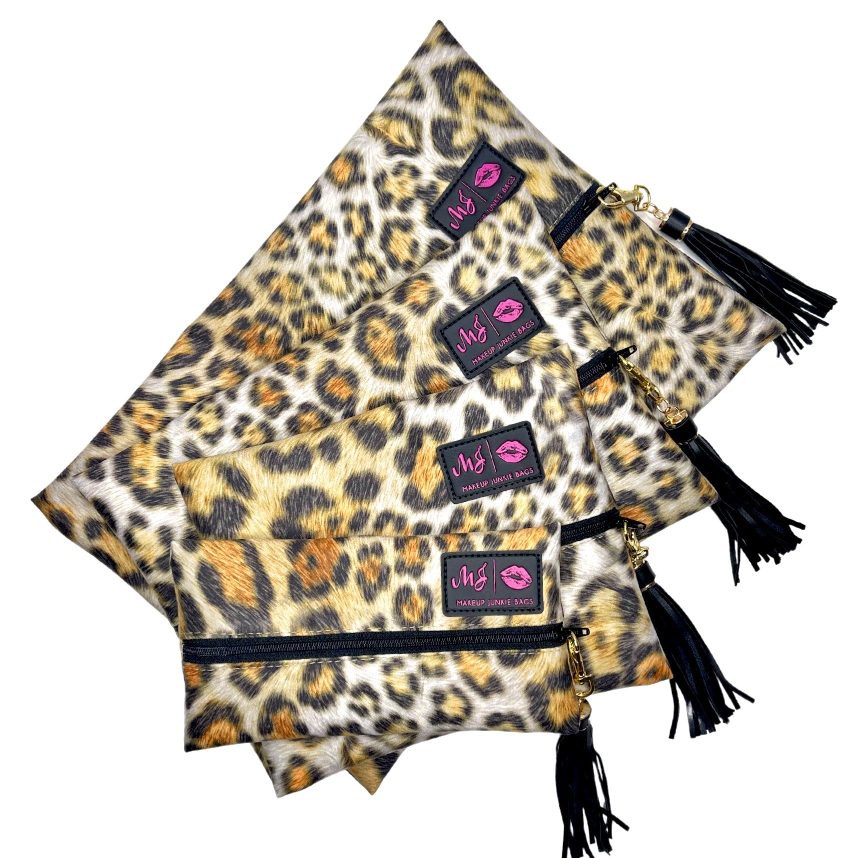 Leopard print pouches with black tassels and visible branding on a white background