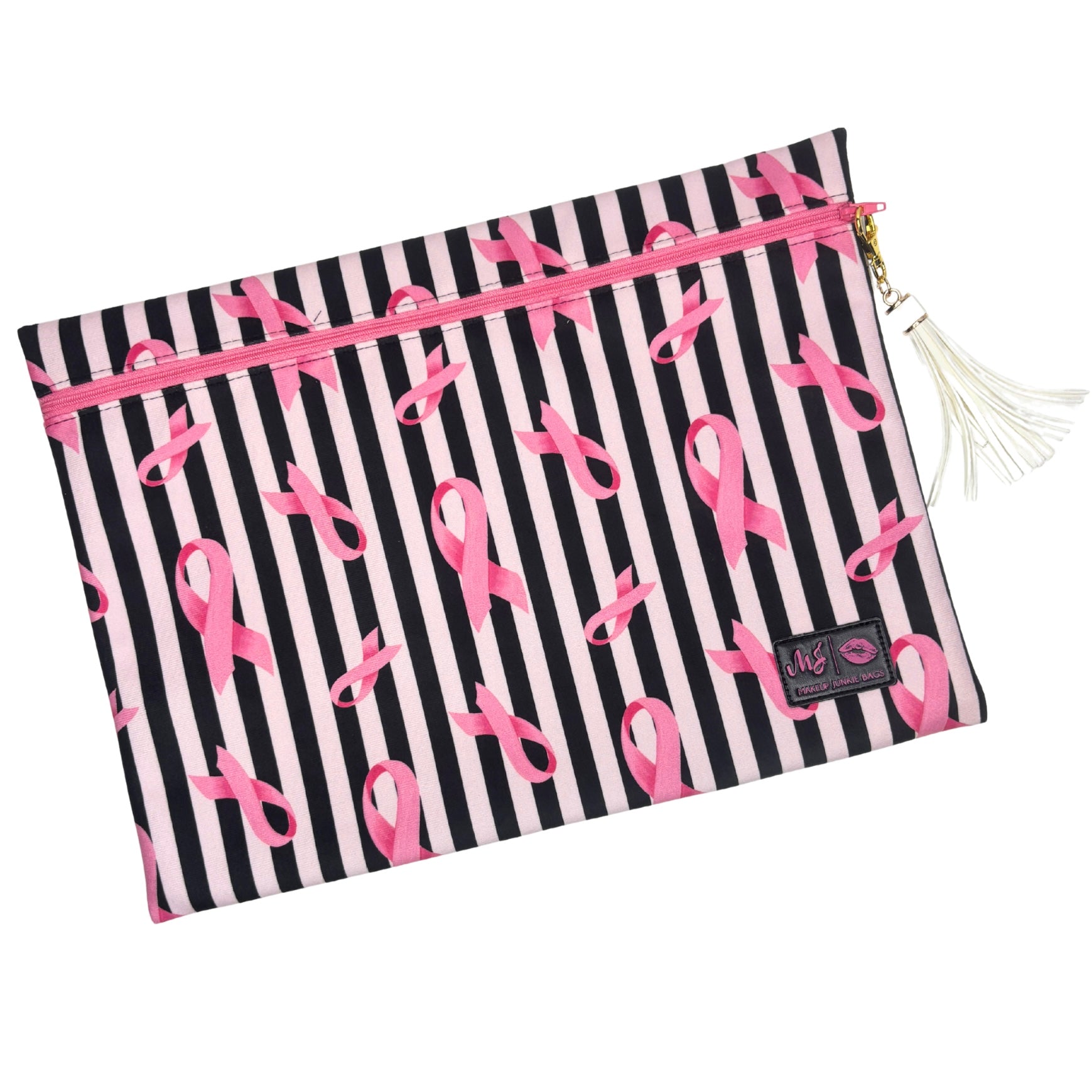 Pouch with pink ribbon design and black and white stripes on a white background