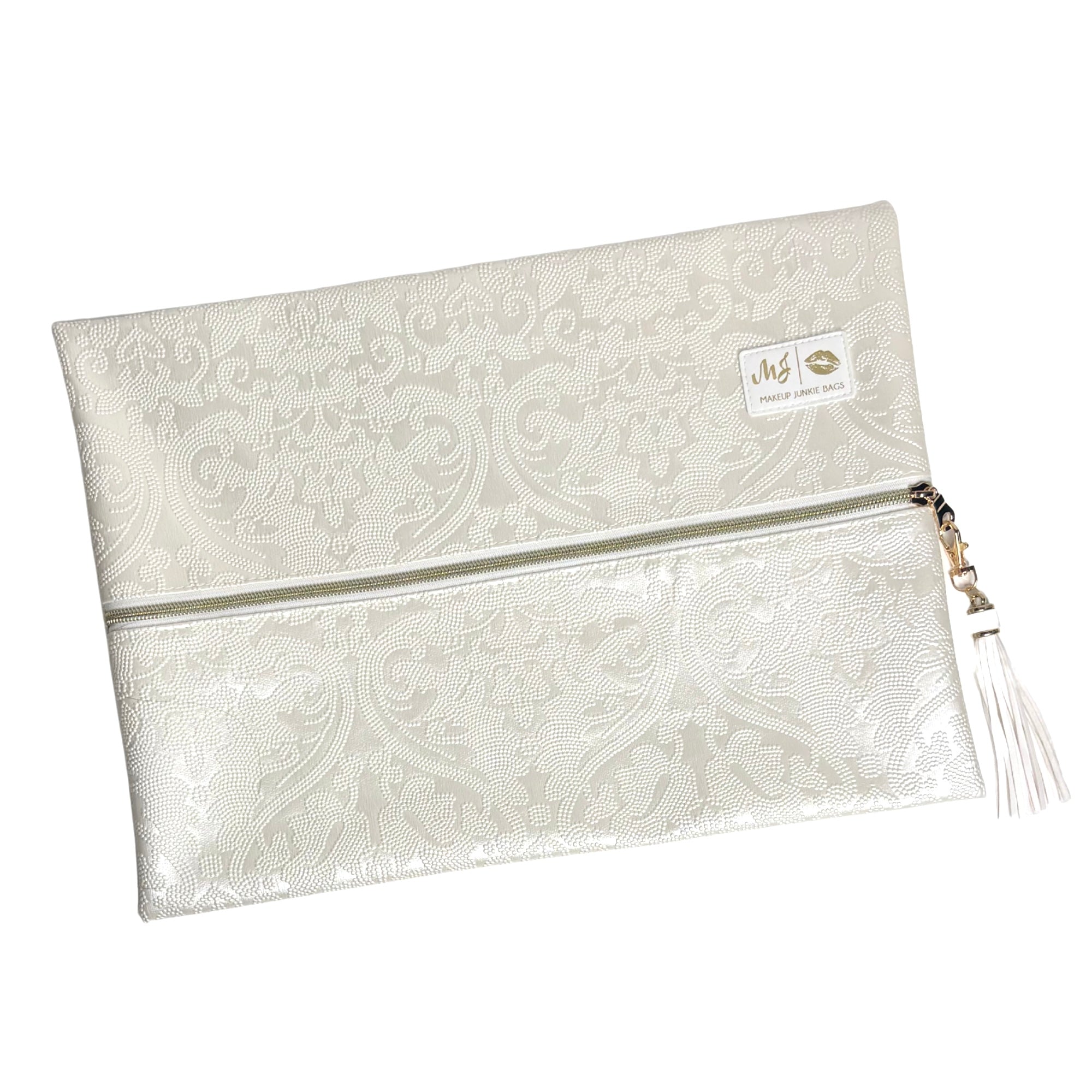 White patterned pouch with a zipper and tassel on a white background