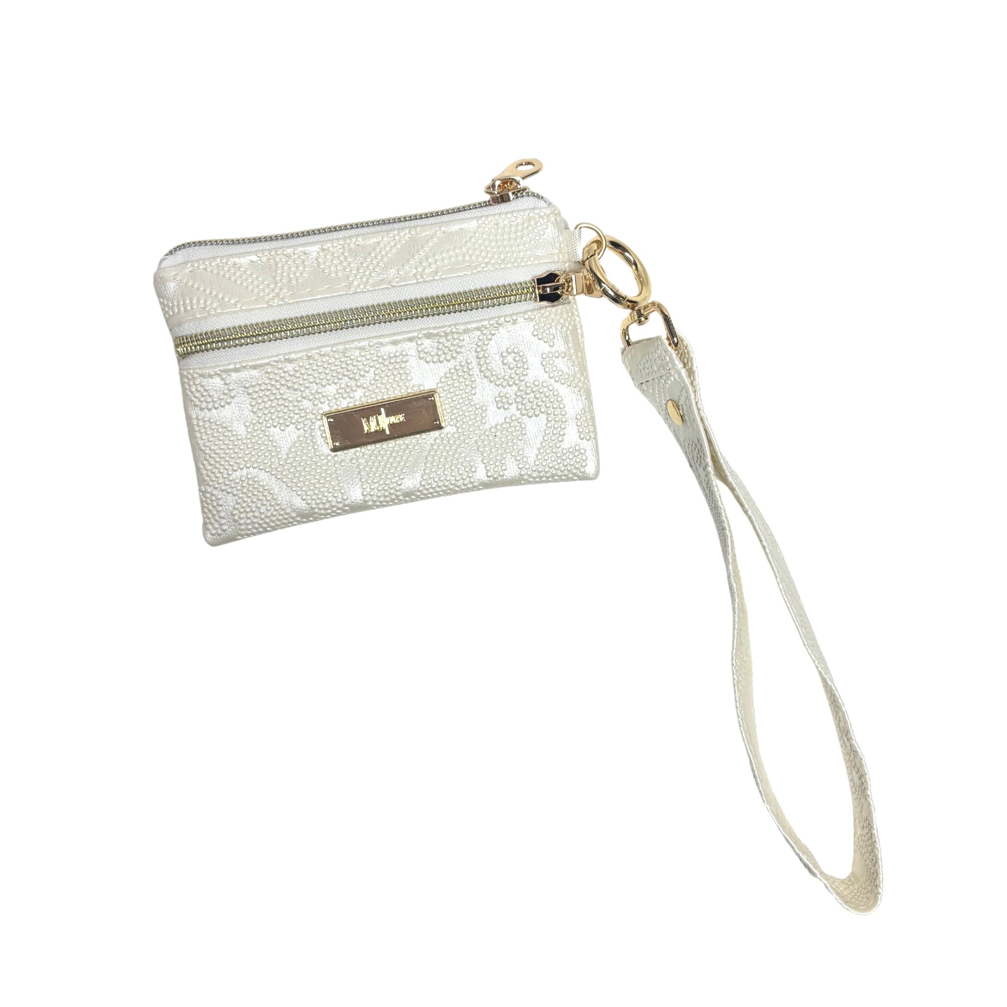 Silver glittery wristlet with a strap on a white background