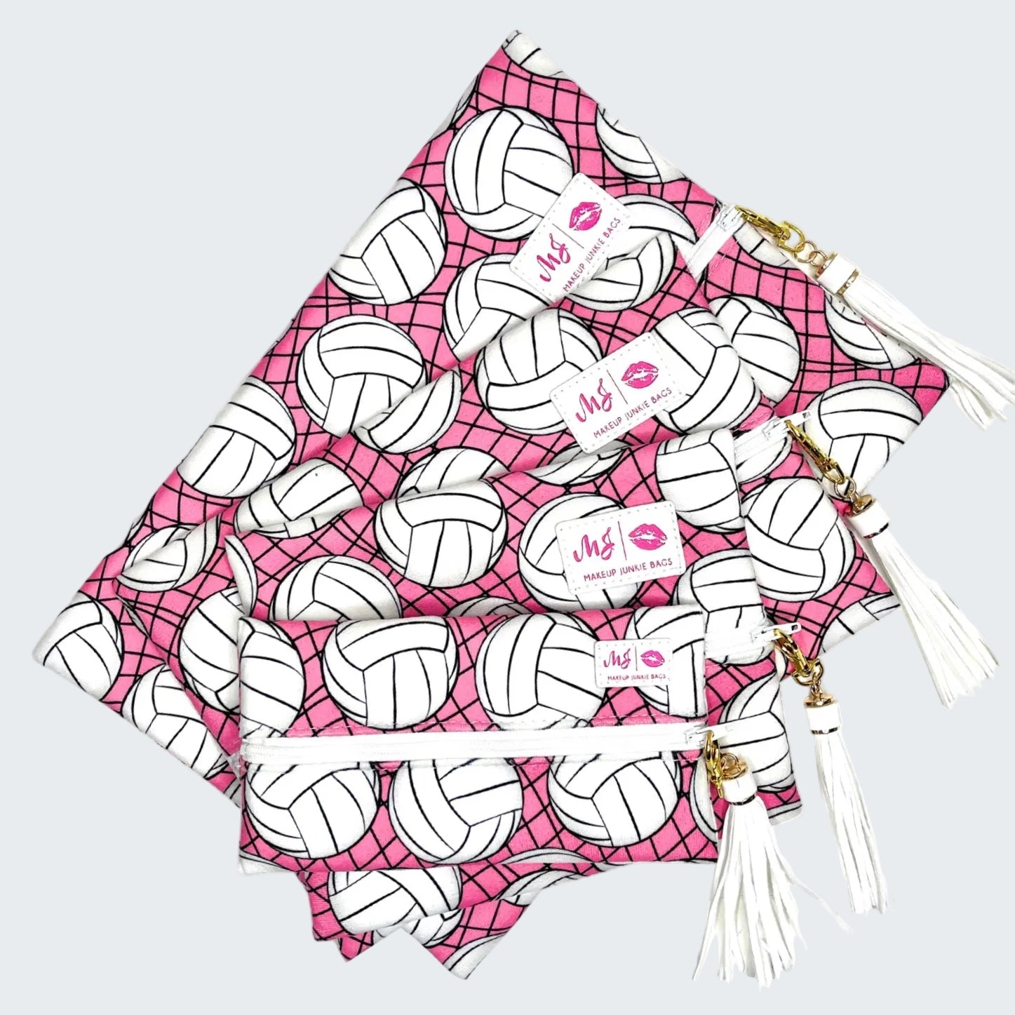 Drawstring bag with volleyball pattern and tassels on a white background