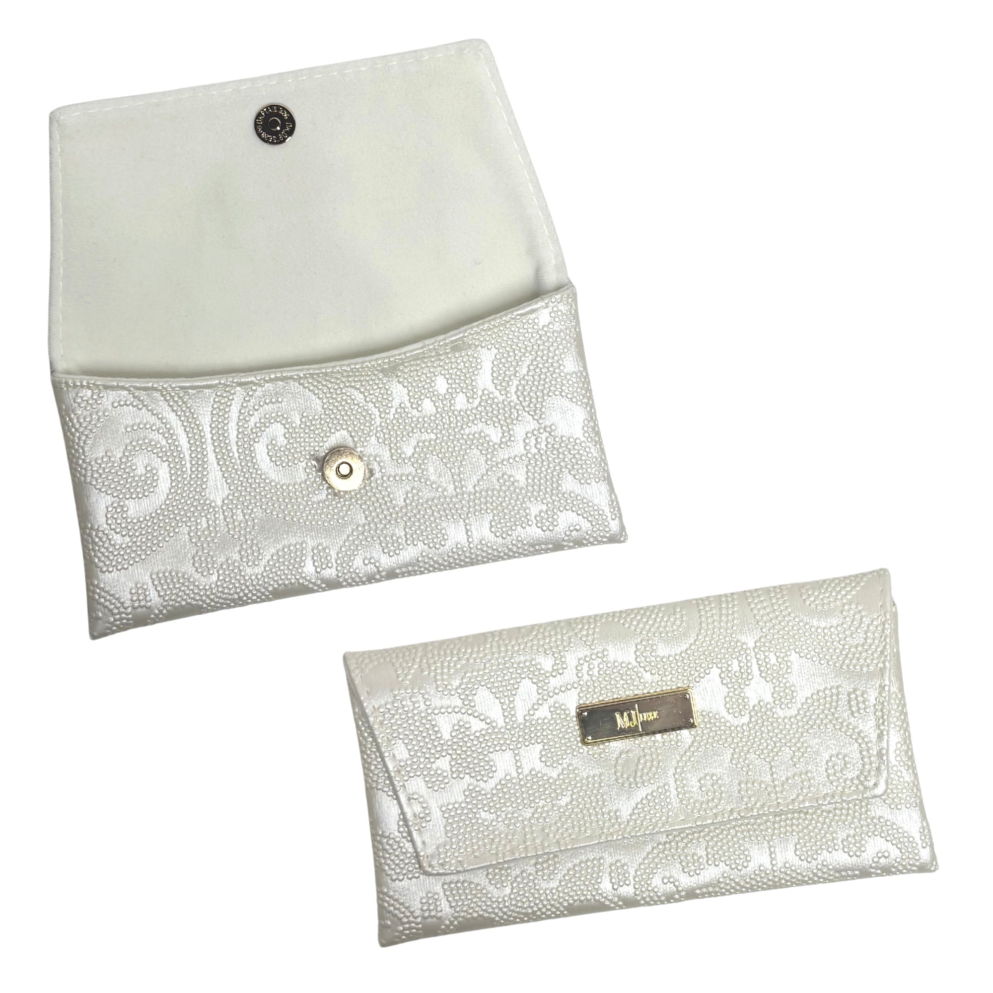 Silver lace clutch bag with a gold clasp on a white background