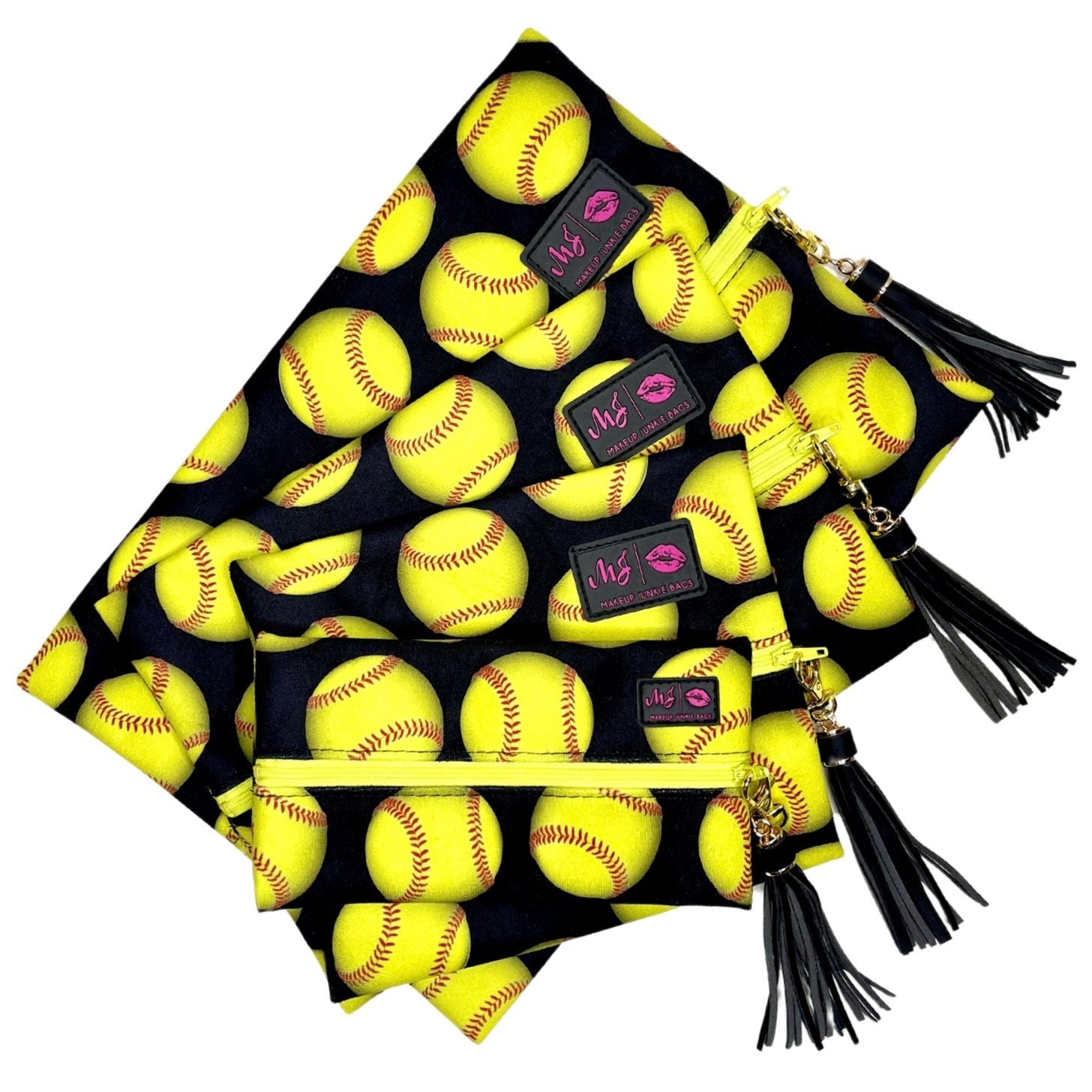 Scarf with yellow softball pattern and black tassels on a white background