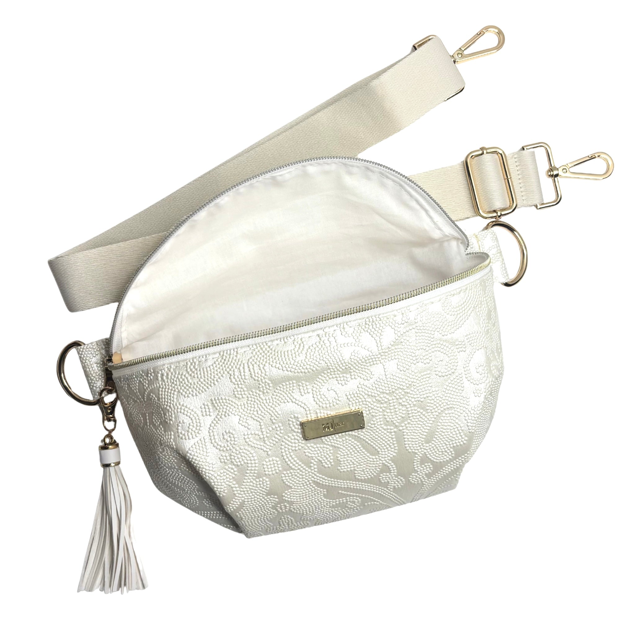 White lace-patterned fanny pack with a strap on a white background