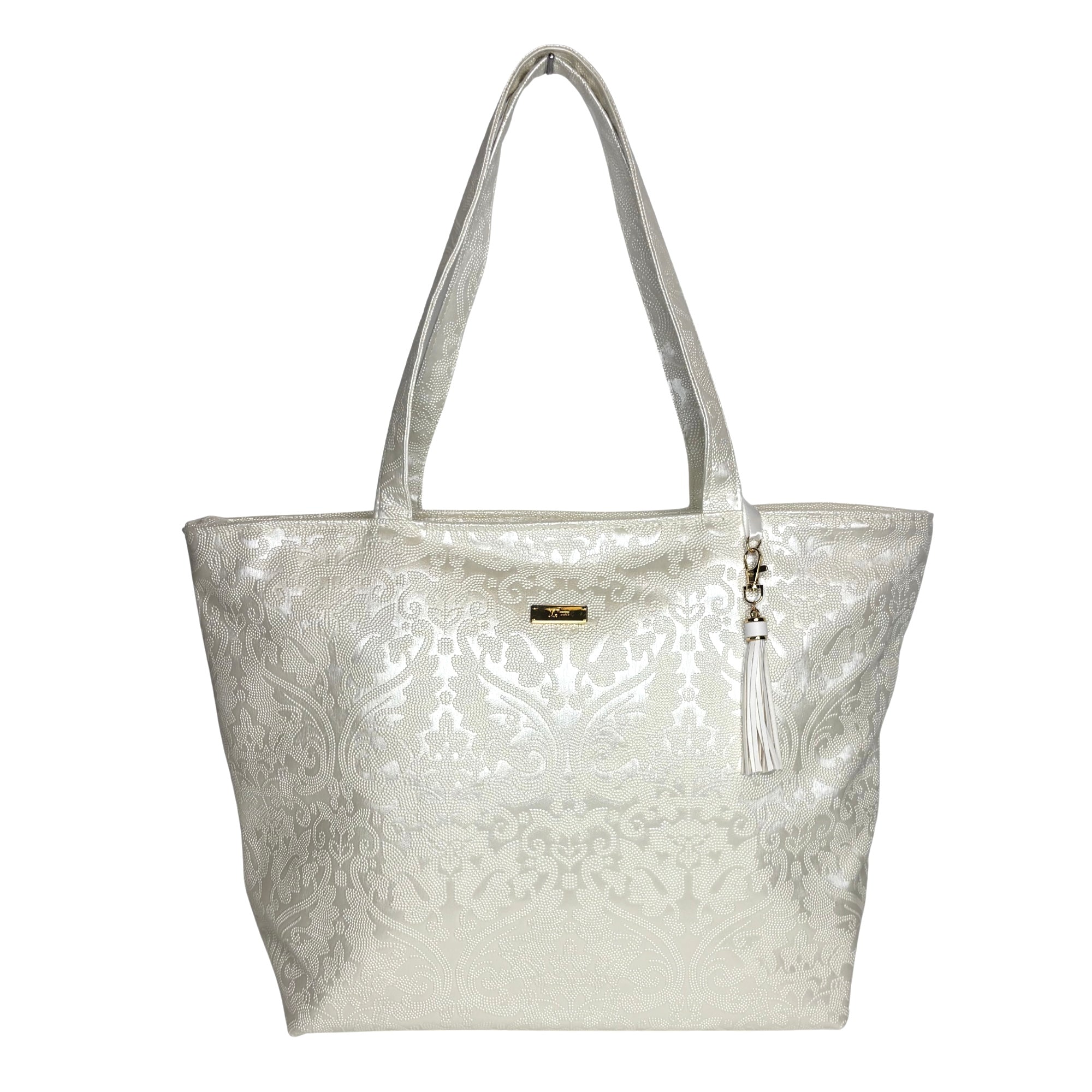 White floral lace tote bag on a white background
