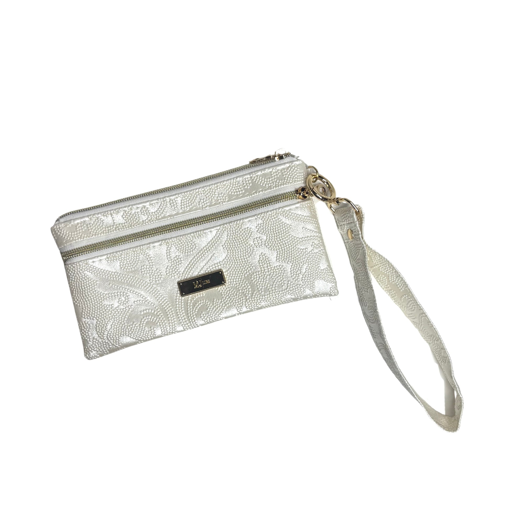 Silver clutch with floral pattern and wrist strap on a white background
