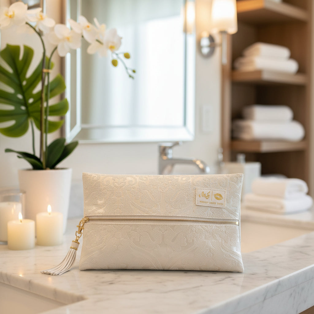 An off-white clutch bag with a subtle embossed damask pattern, featuring a gold zipper, a white tassel charm, and a small brand label on the front.