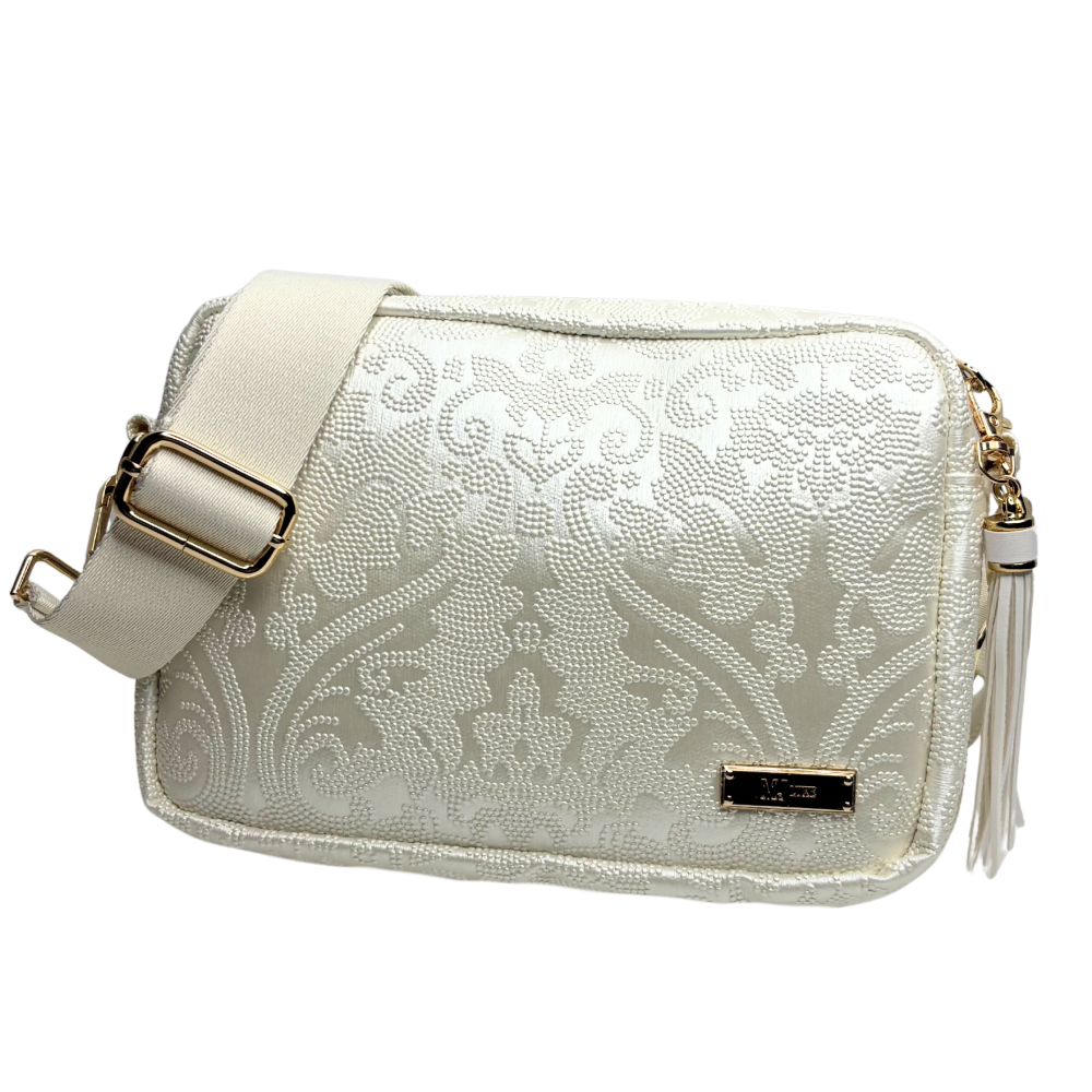 Silver lace patterned handbag with a strap on a white background