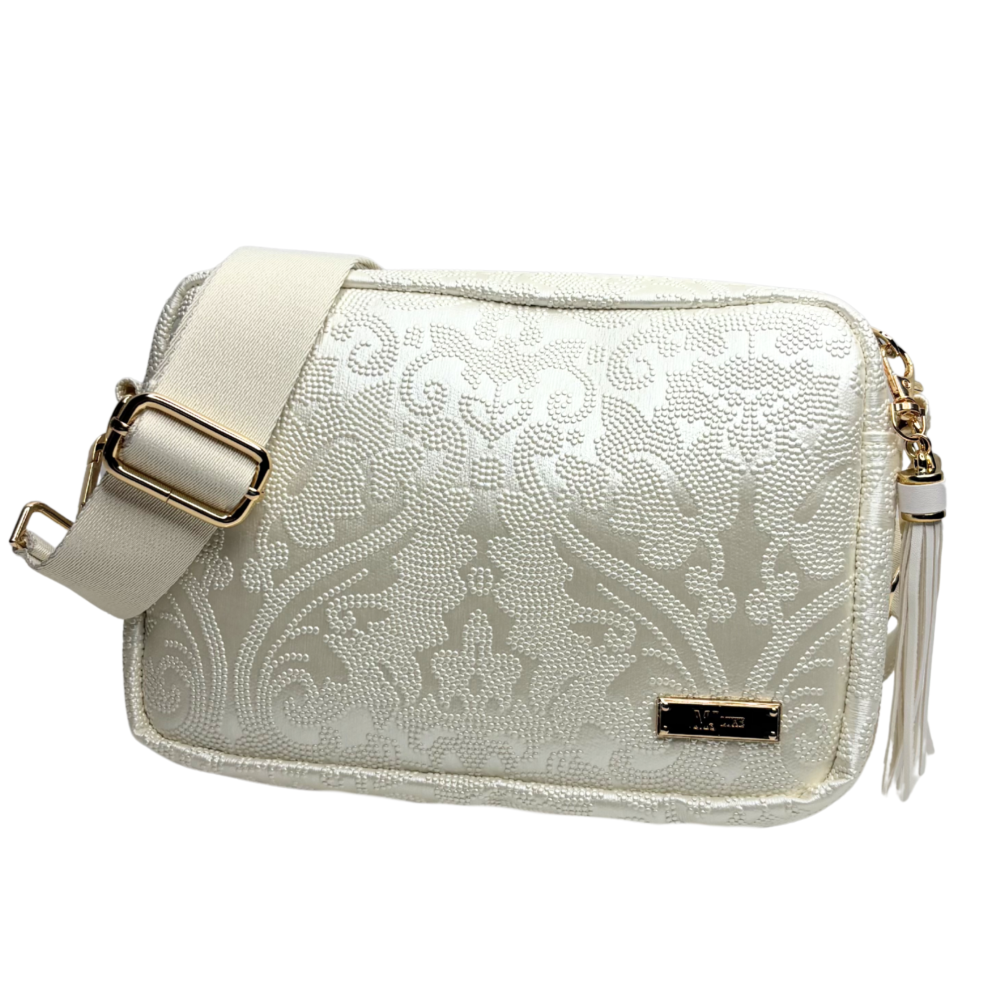 Silver lace patterned handbag with a strap on a white background