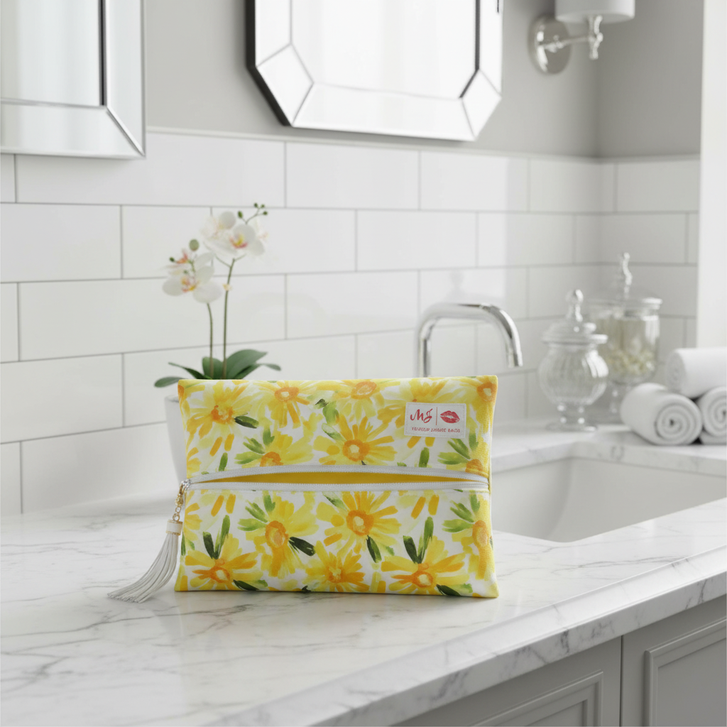 Floral-patterned pouch with a tassel on a white background