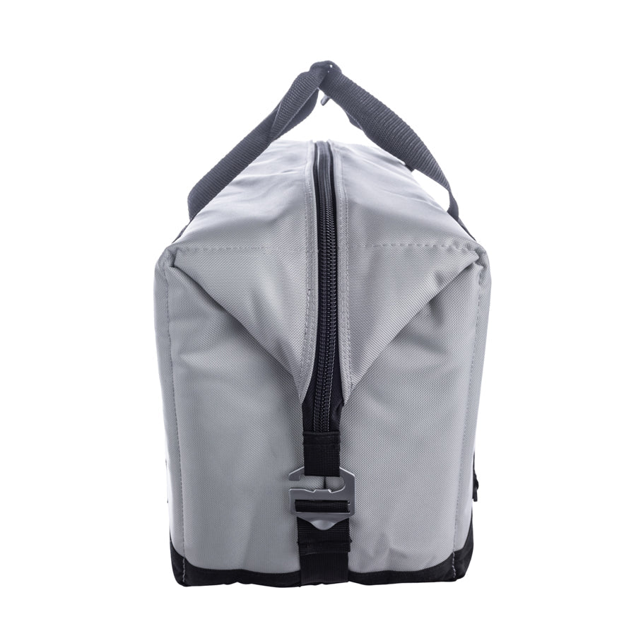 Gray bag with a black zipper on a white background