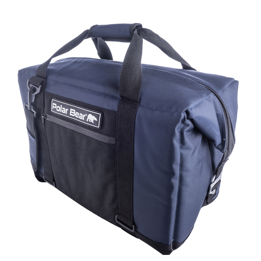 Navy blue duffel bag with black straps on a white background, featuring a 'Polar Bear' brand logo.
