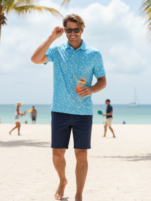 Man in blue patterned polo shirt and navy shorts holding a drink on a beach.