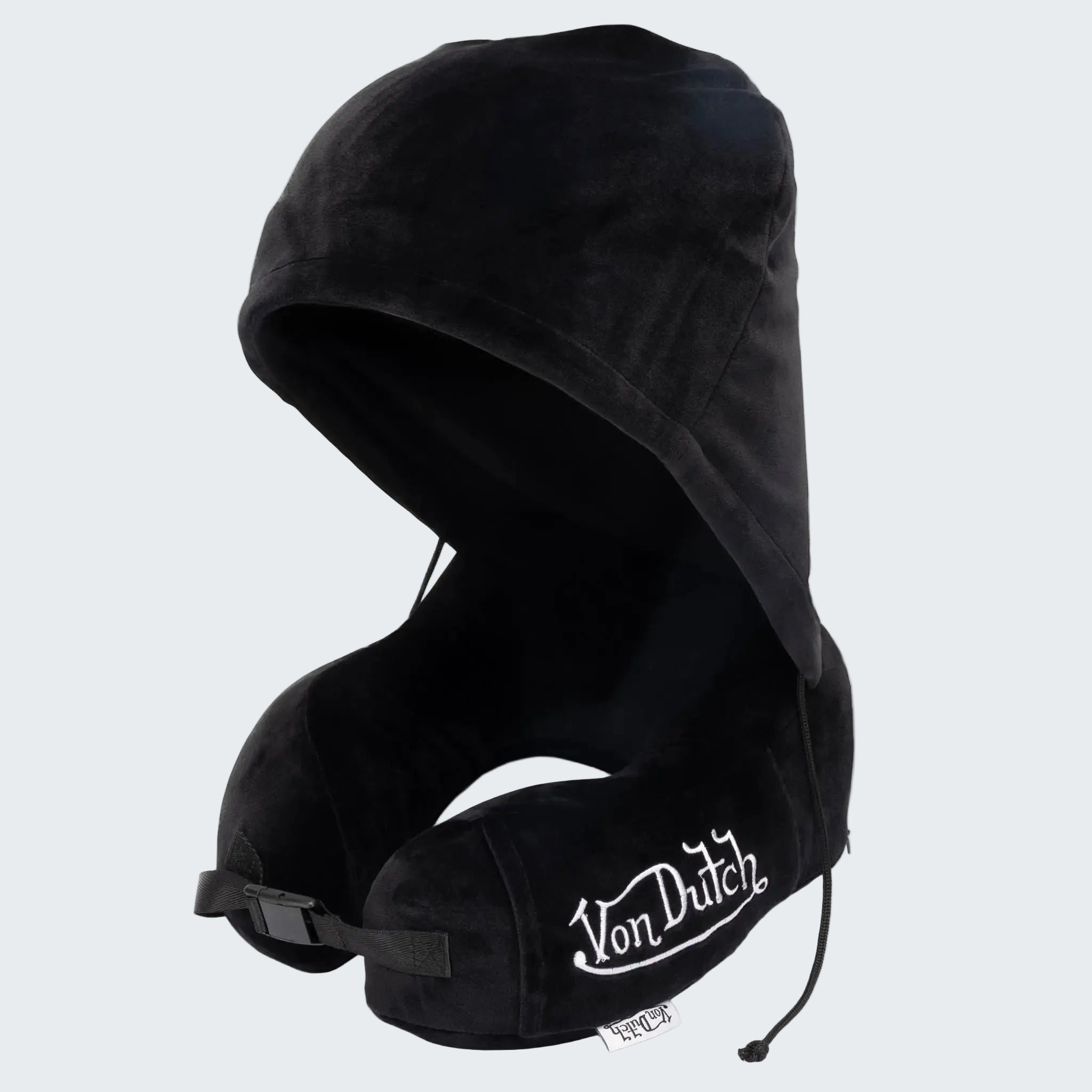Black travel neck pillow with 'Von Dutch' branding on a white background