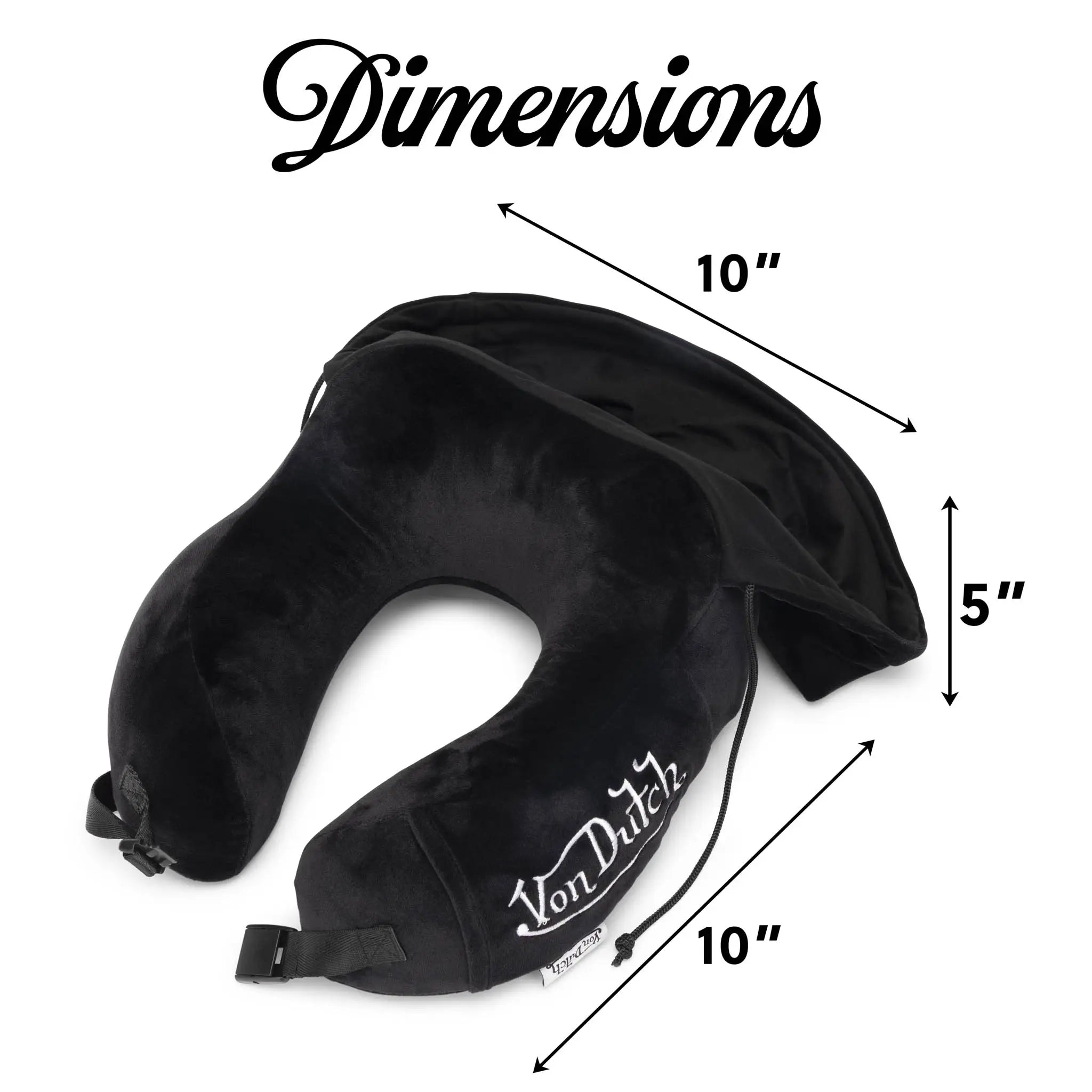 Black travel neck pillow with dimensions labeled on a white background