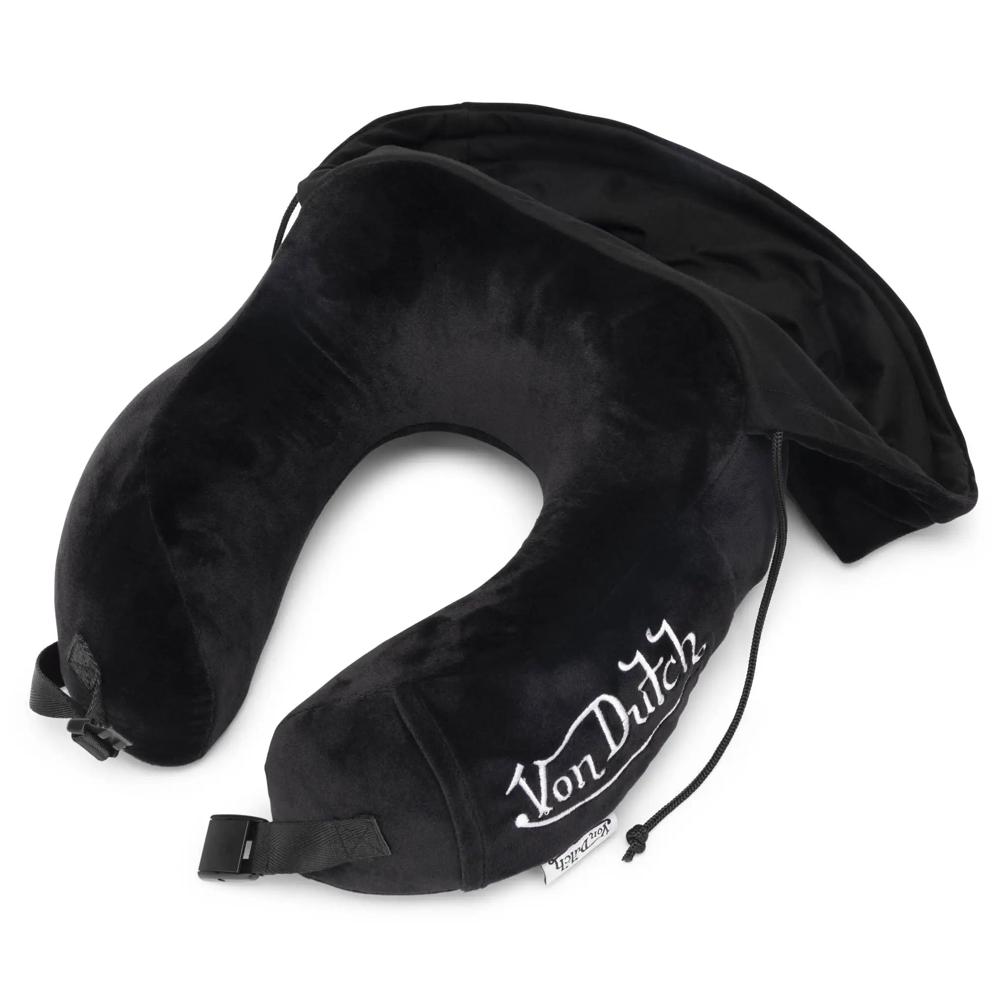 Black travel neck pillow with 'Von Dutch' branding on a white background