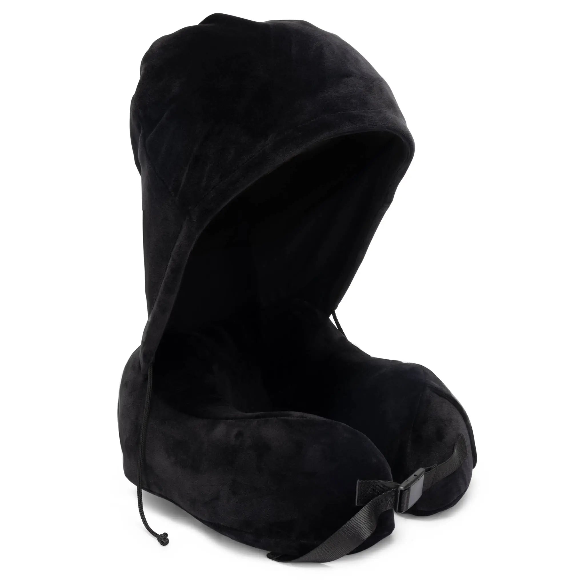 Black travel pillow with a hood on a white background