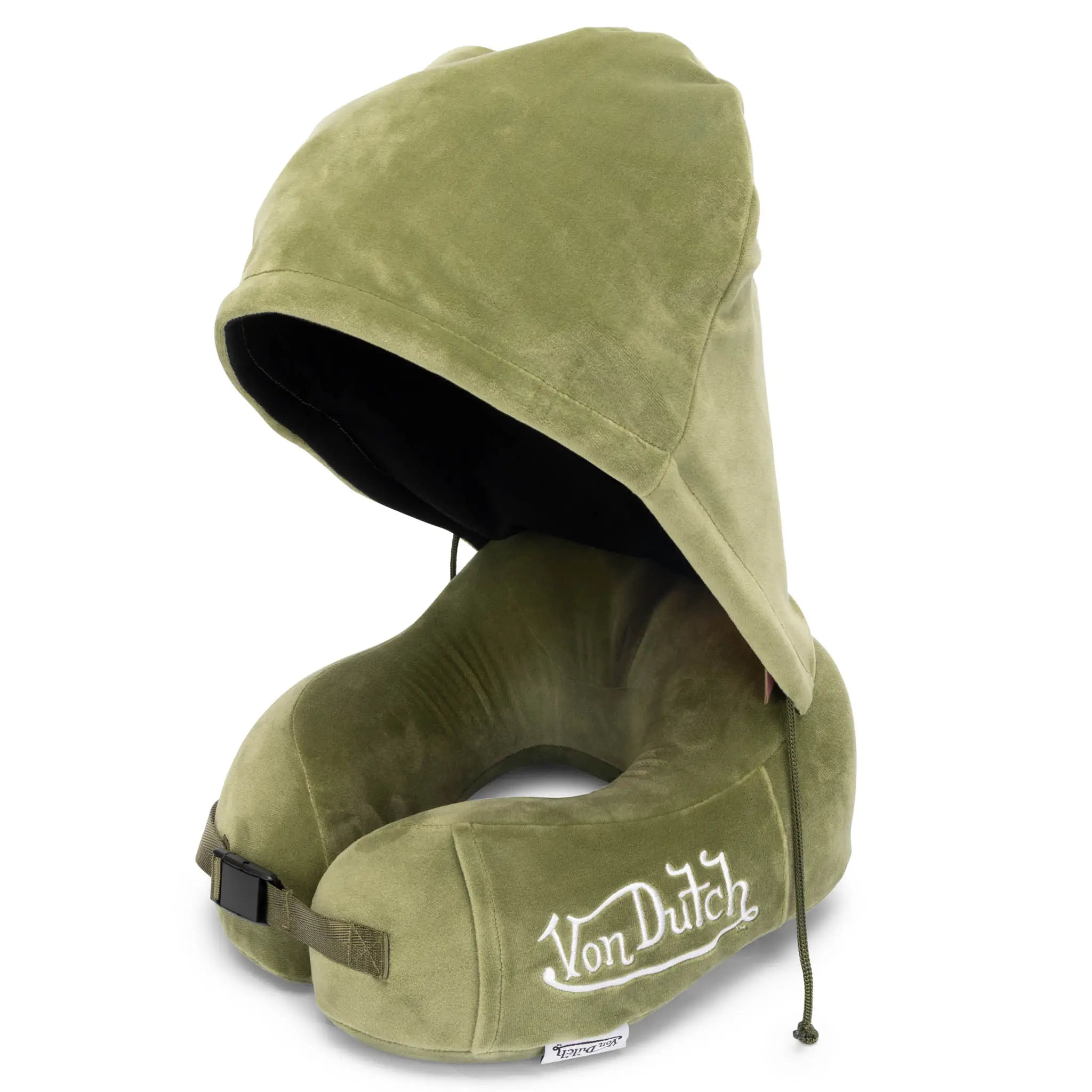 Green travel pillow with hood and 'Von Dutch' branding on a white background