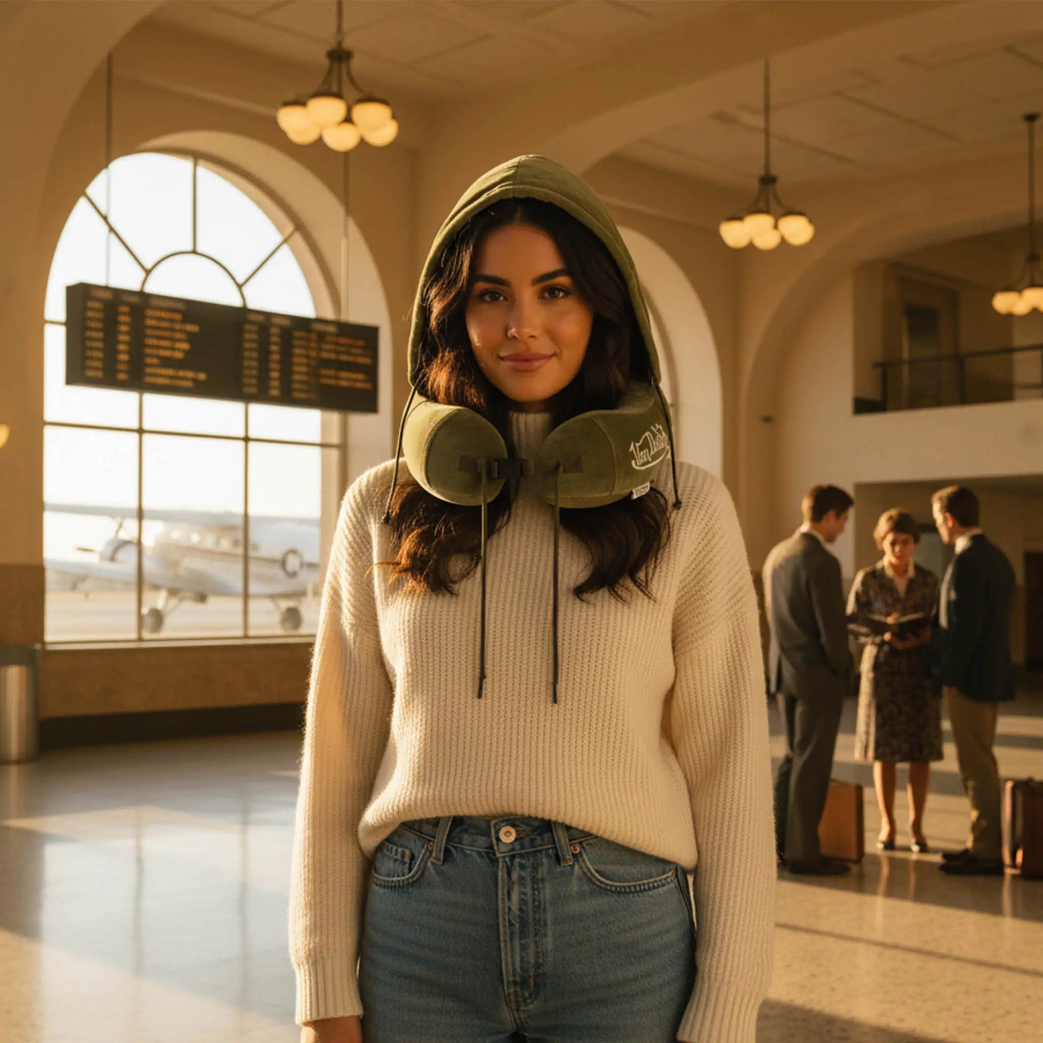 Woman wearing a beige sweater and jeans with green headphones in an airport terminal.