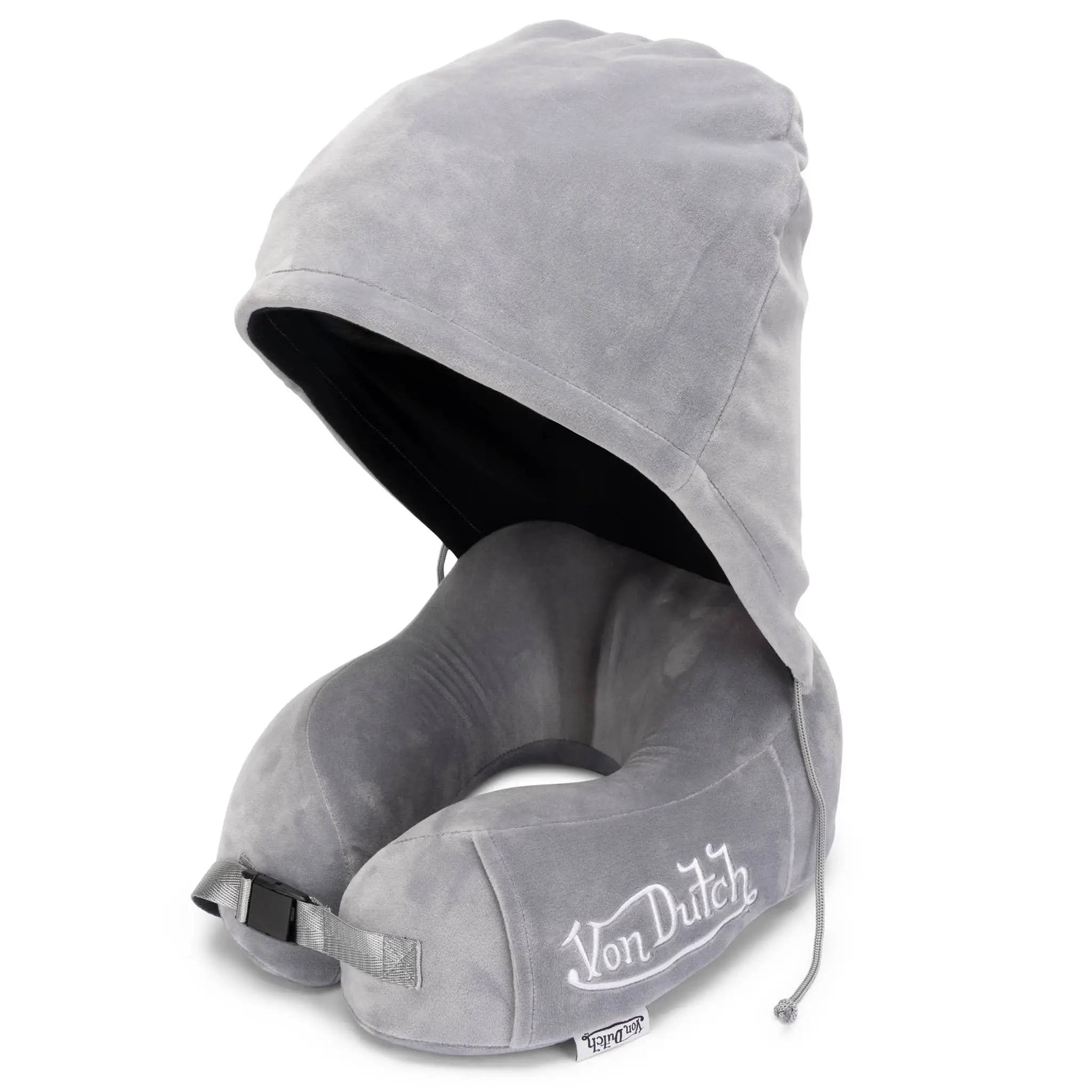 Gray travel pillow with a hood on a white background, featuring the 'Von Dutch' brand.