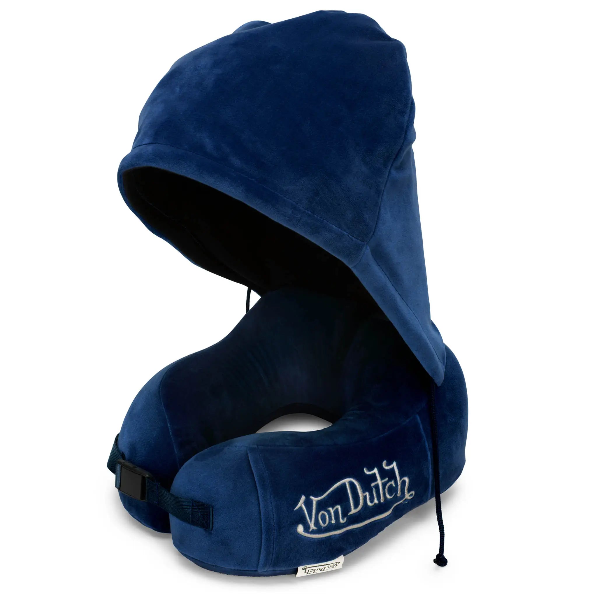Blue travel neck pillow with a hood on a white background