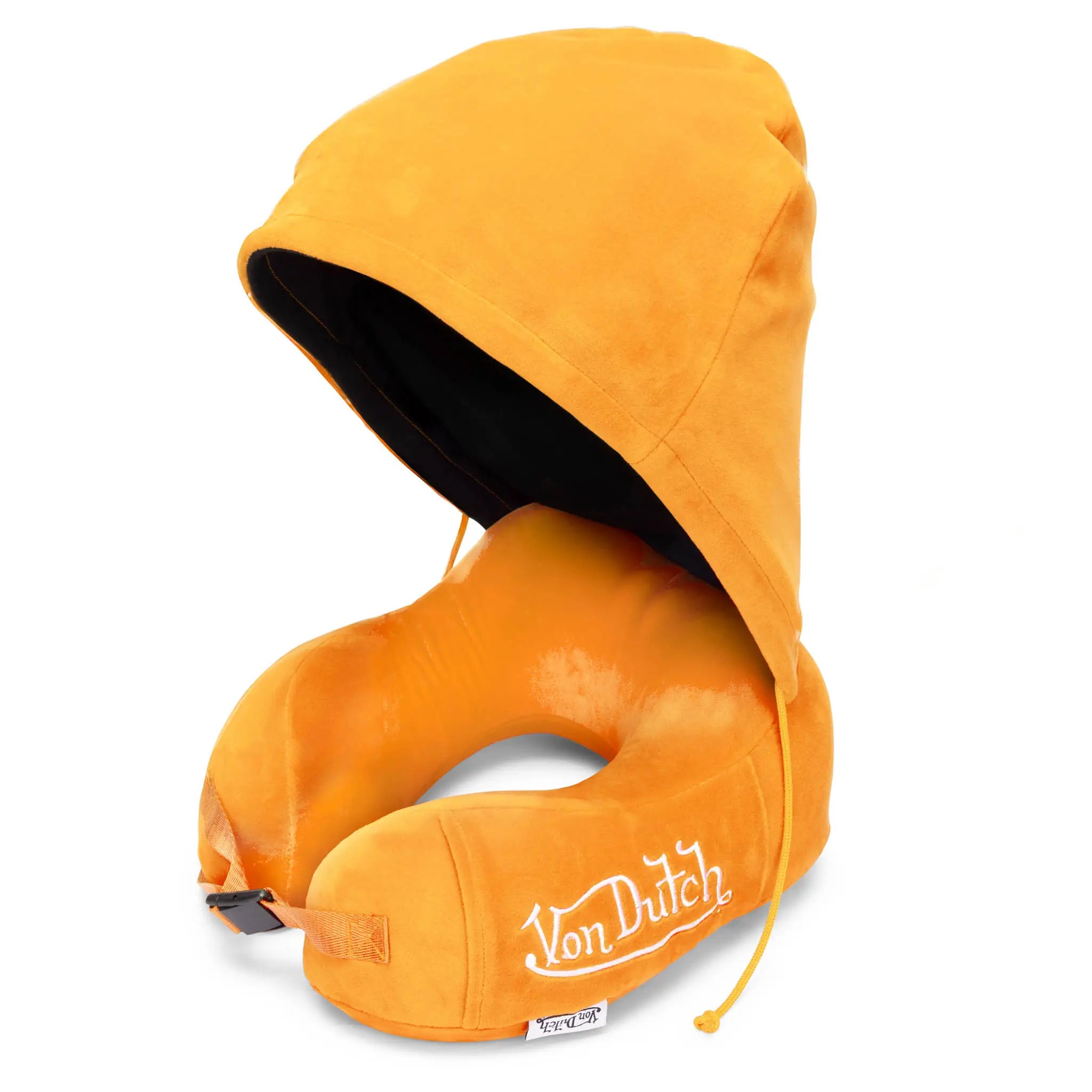 Orange travel neck pillow with hood on a white background, featuring the Von Dutch brand.