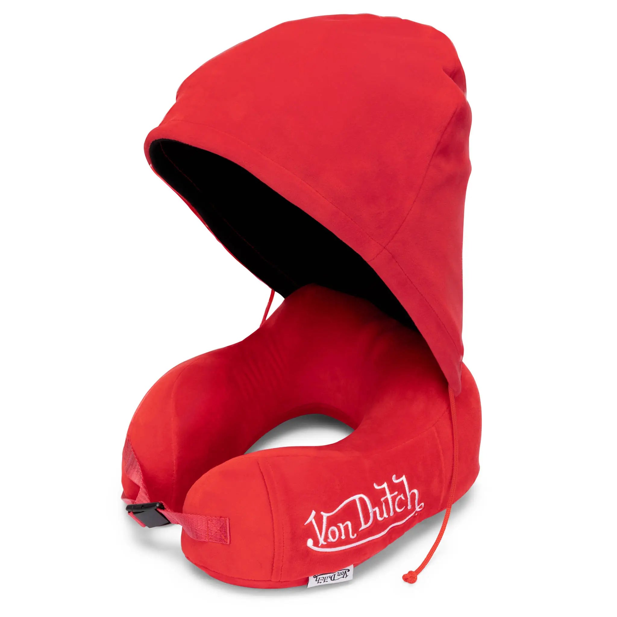 Red travel pillow with a hood on a white background, featuring the Von Dutch brand.