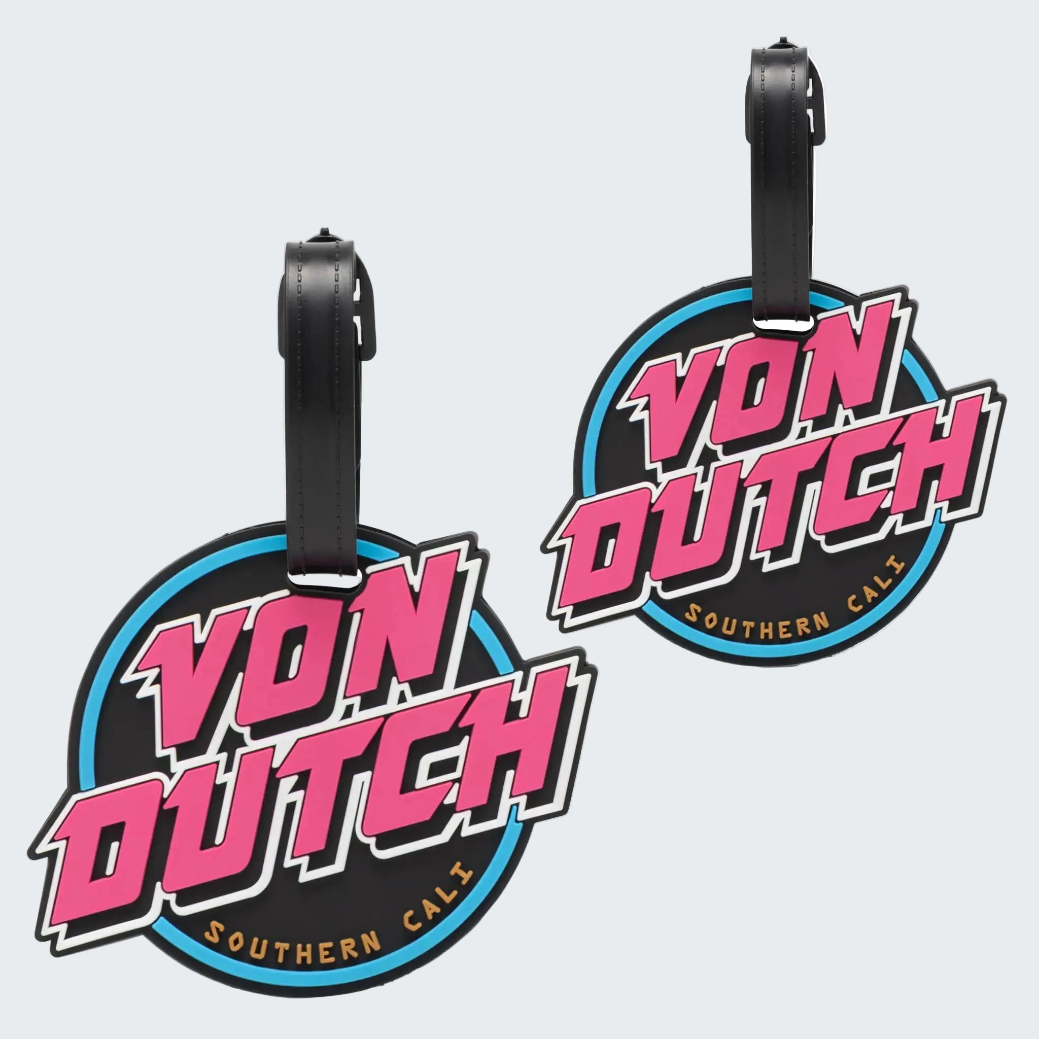 Two Von Dutch luggage tags on a white background
