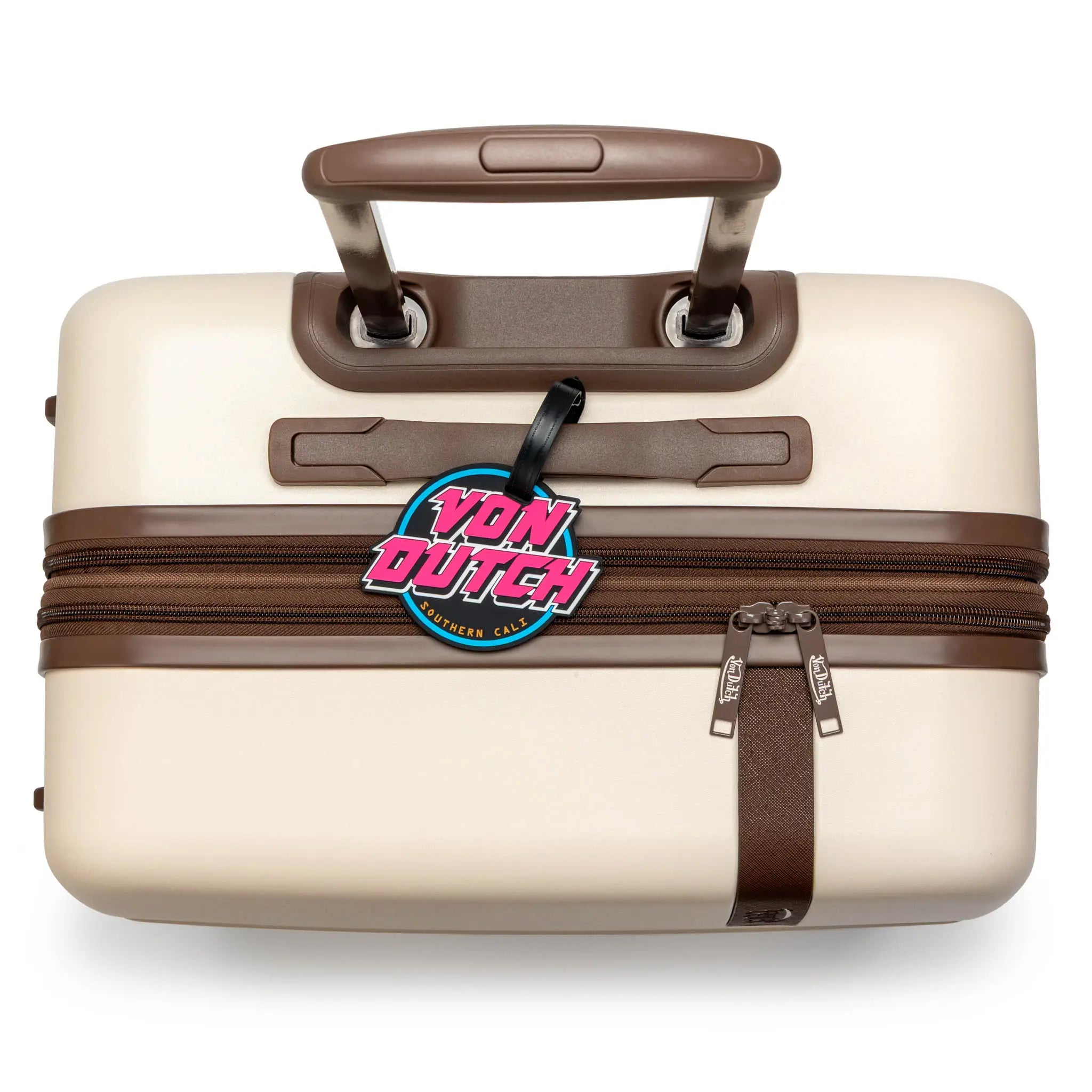 Beige suitcase with brown accents and Von Dutch logo on a white background