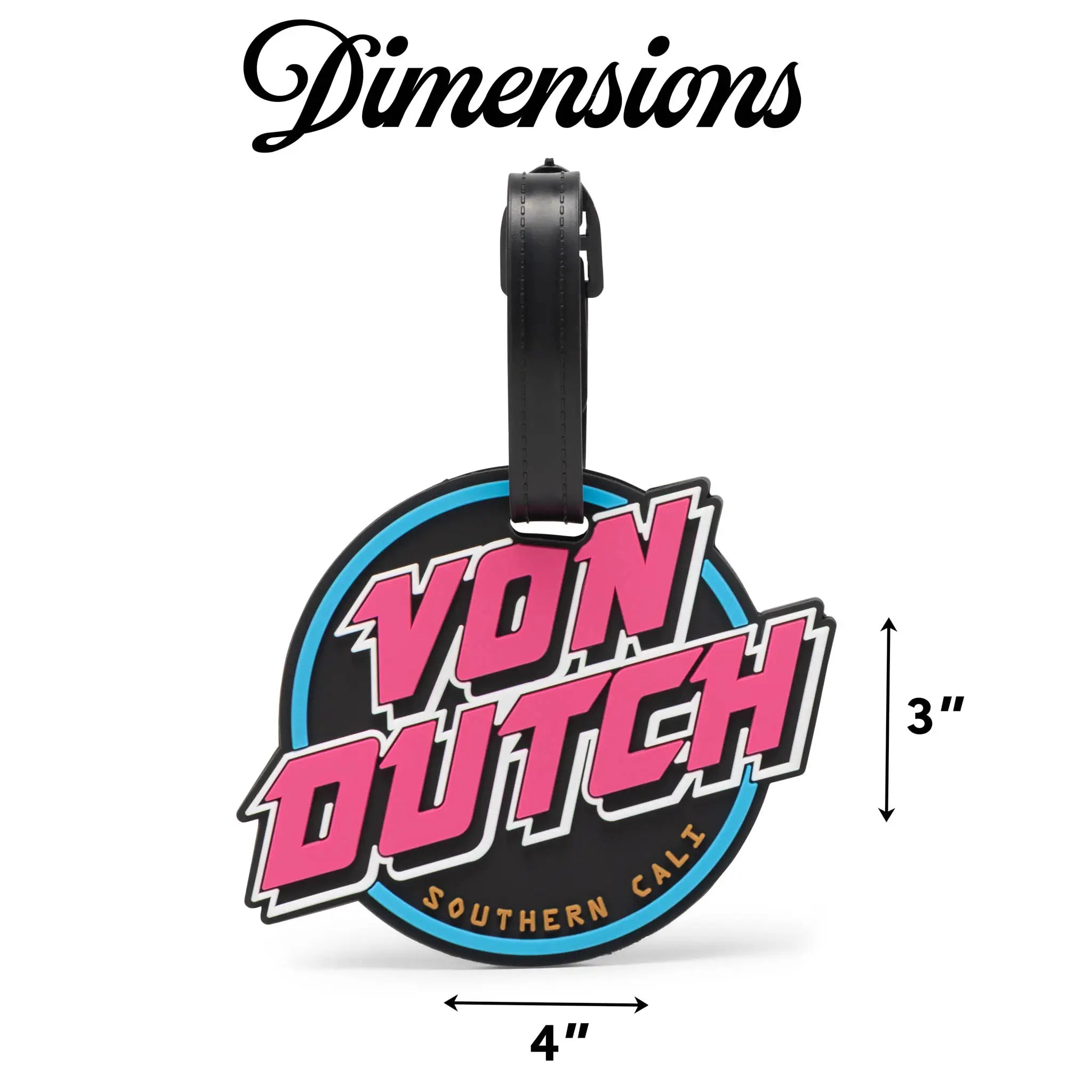 Von Dutch luggage tag with dimensions on a white background