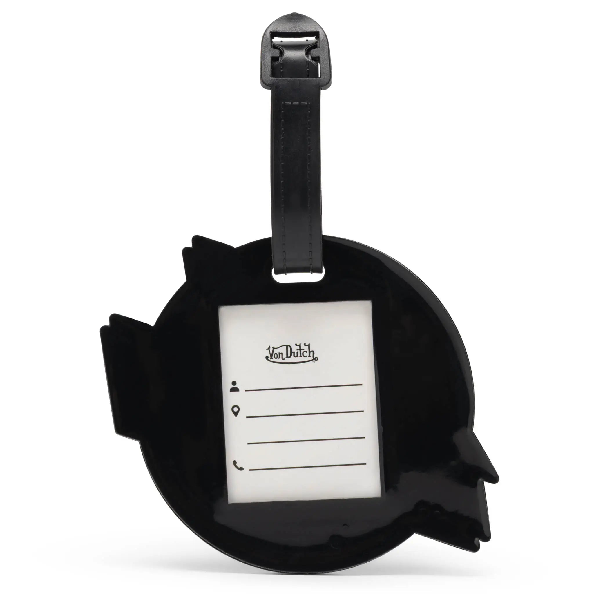 Black round luggage tag with a white label on a white background