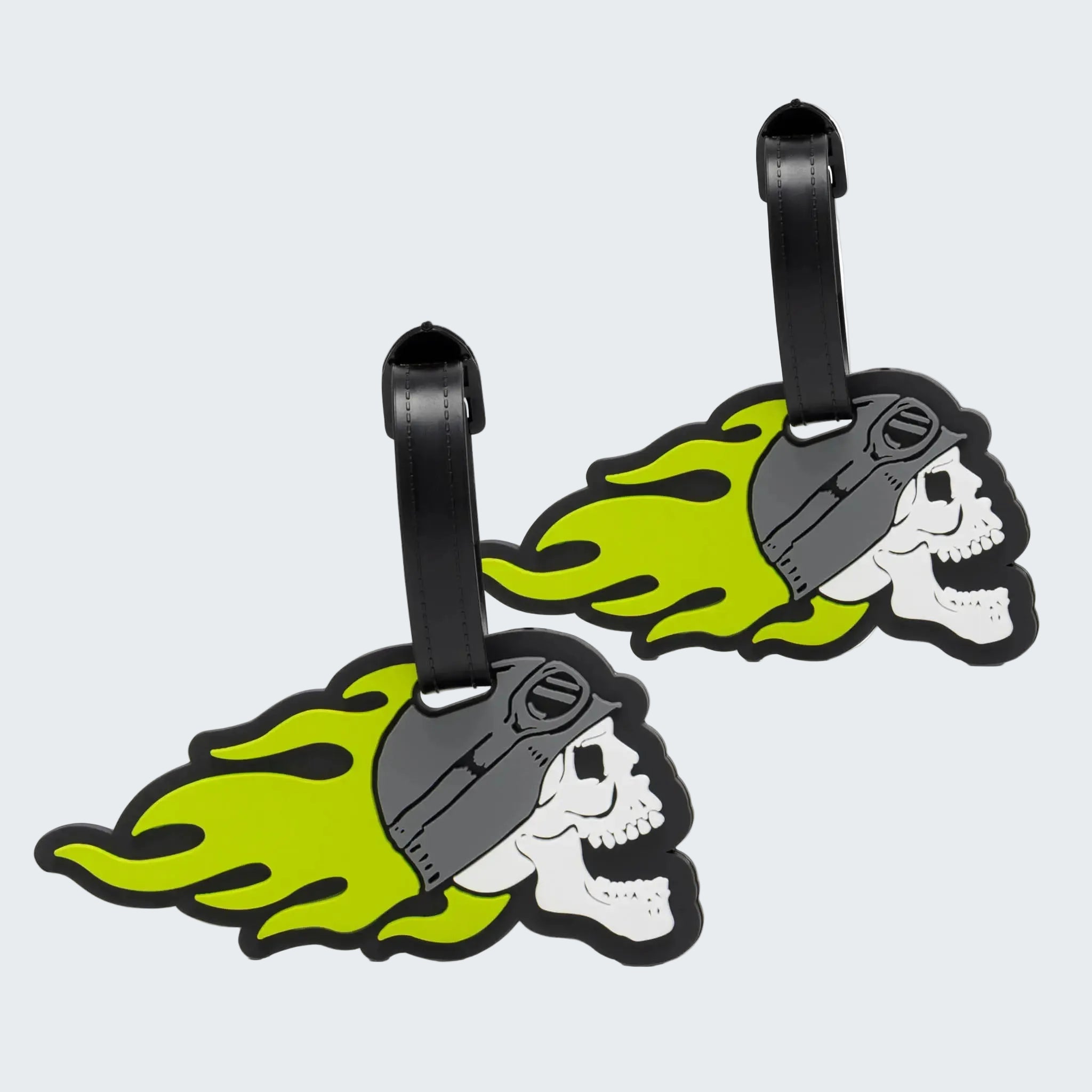 Two skull and green flame design luggage tags on a white background
