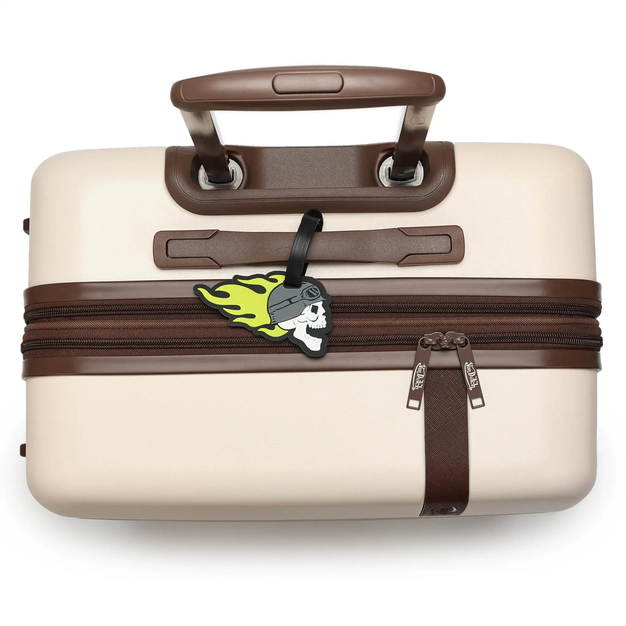 Beige suitcase with brown handle and trim on a white background