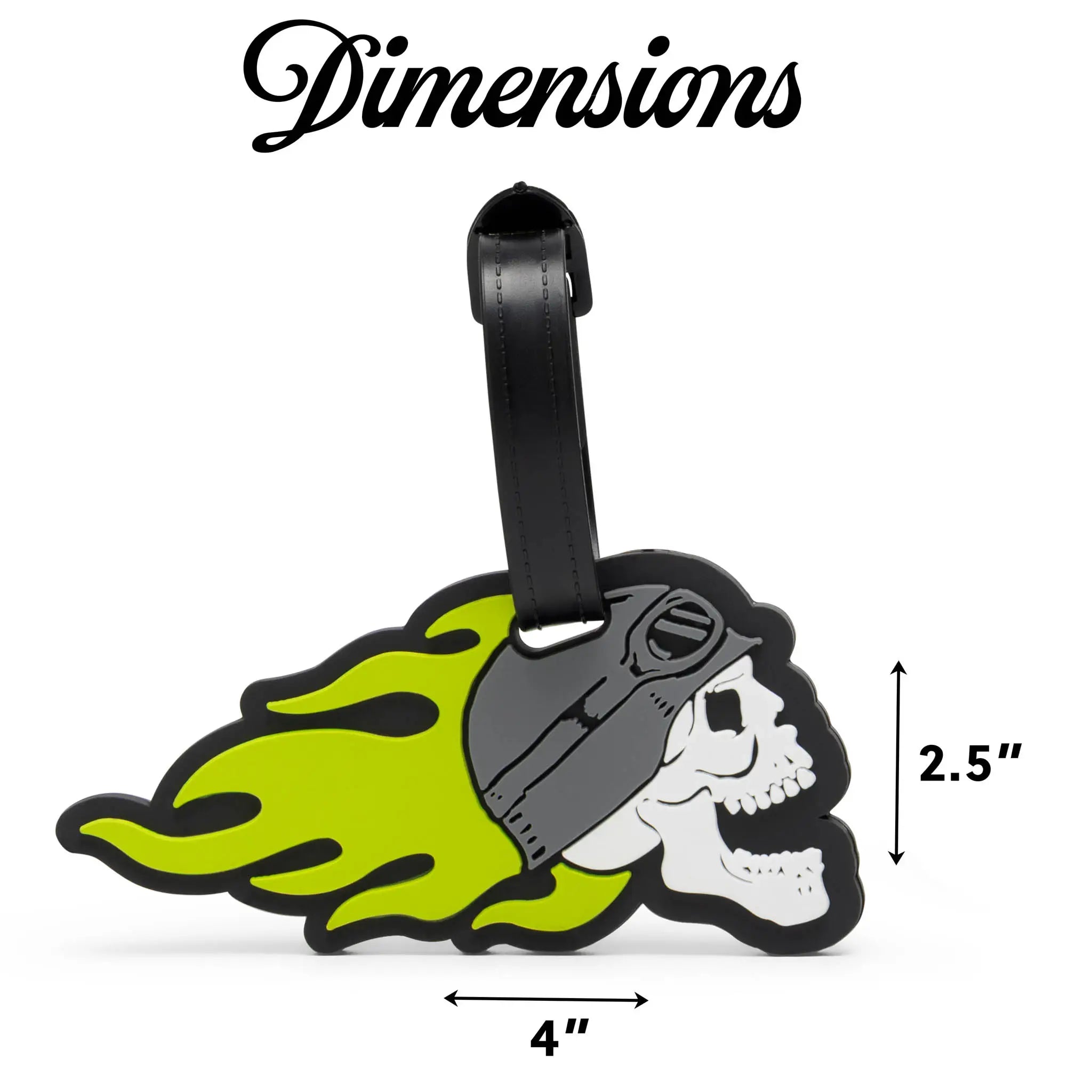 Luggage tag with skull and flames design and dimensions on a white background