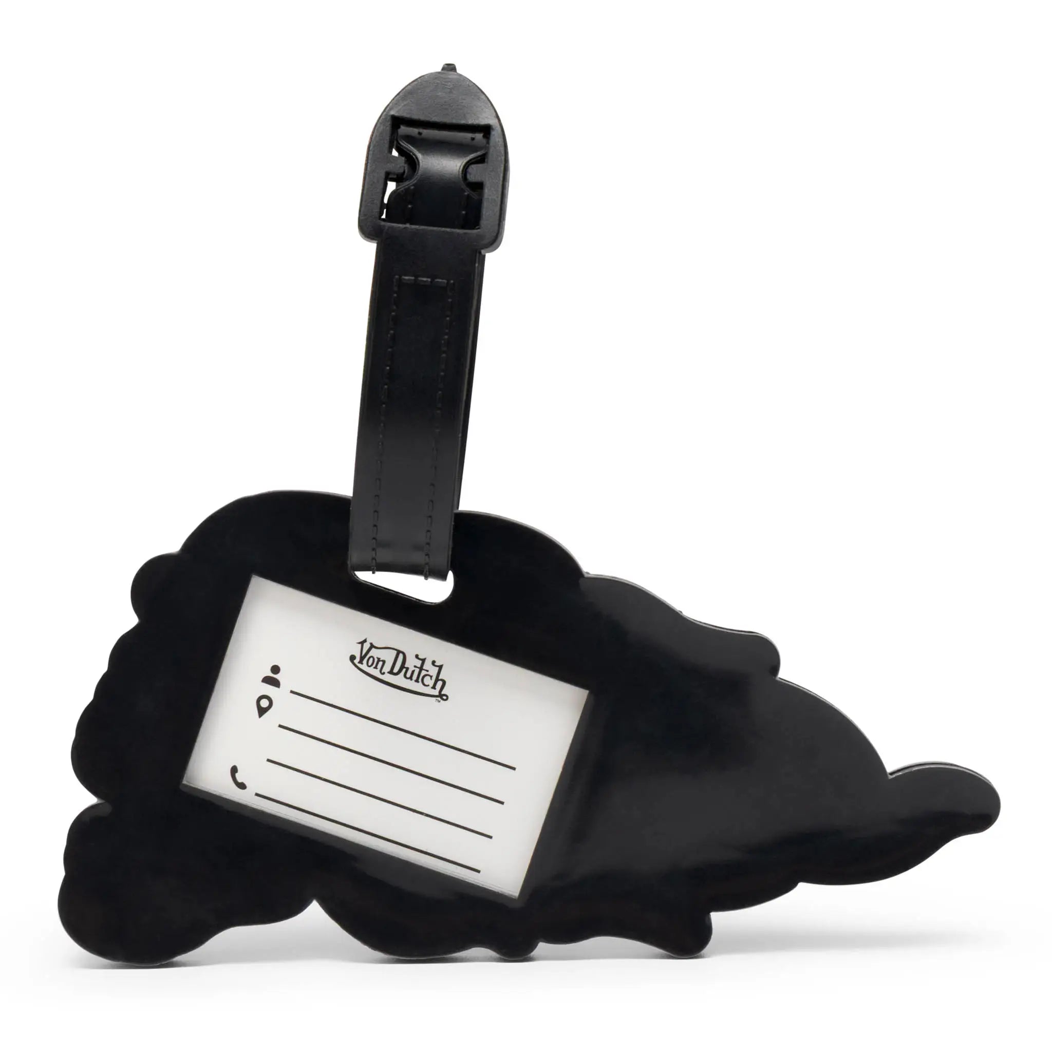 Black shell-shaped luggage tag with a label on a white background