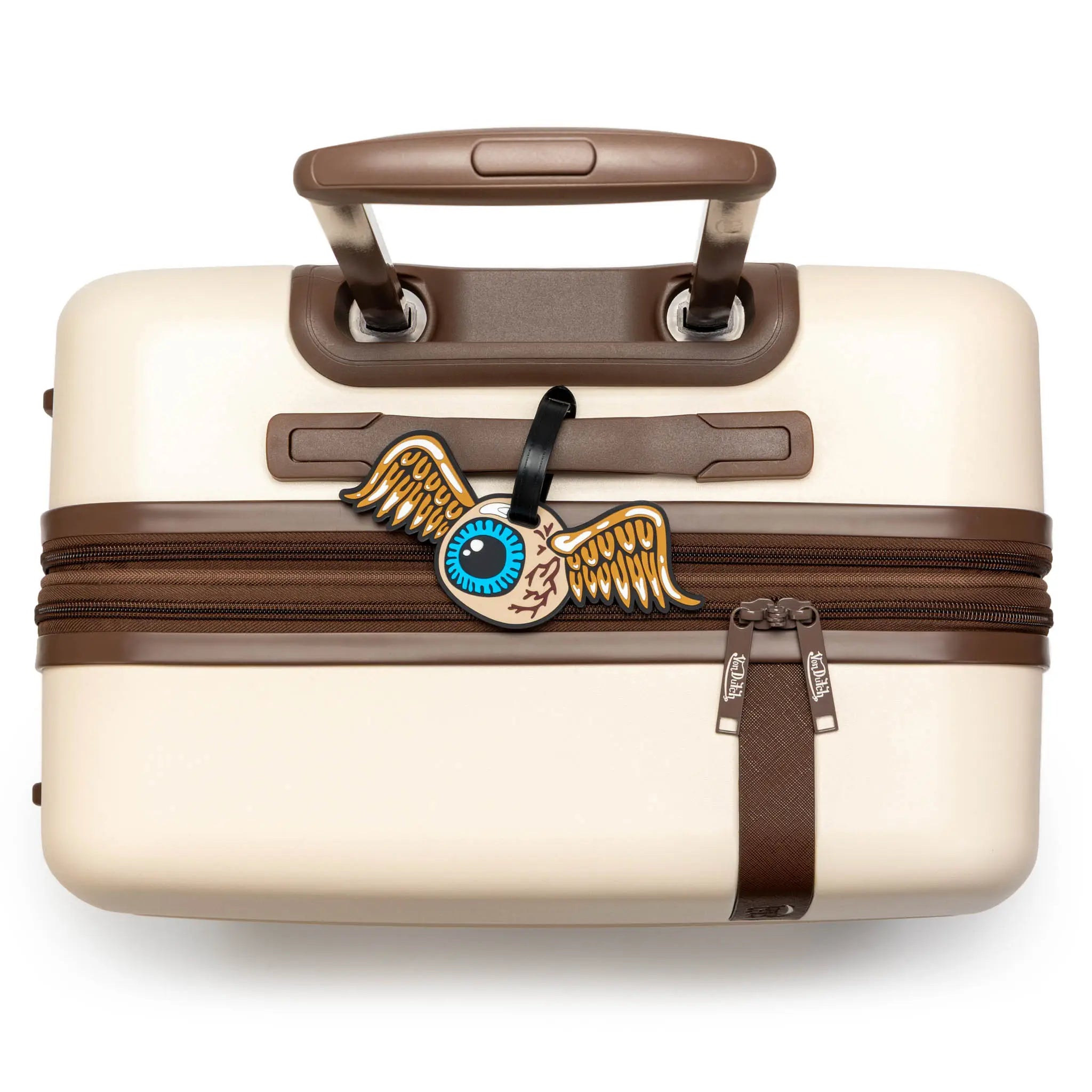 Beige suitcase with brown handle and straps, featuring a decorative tag on a white background