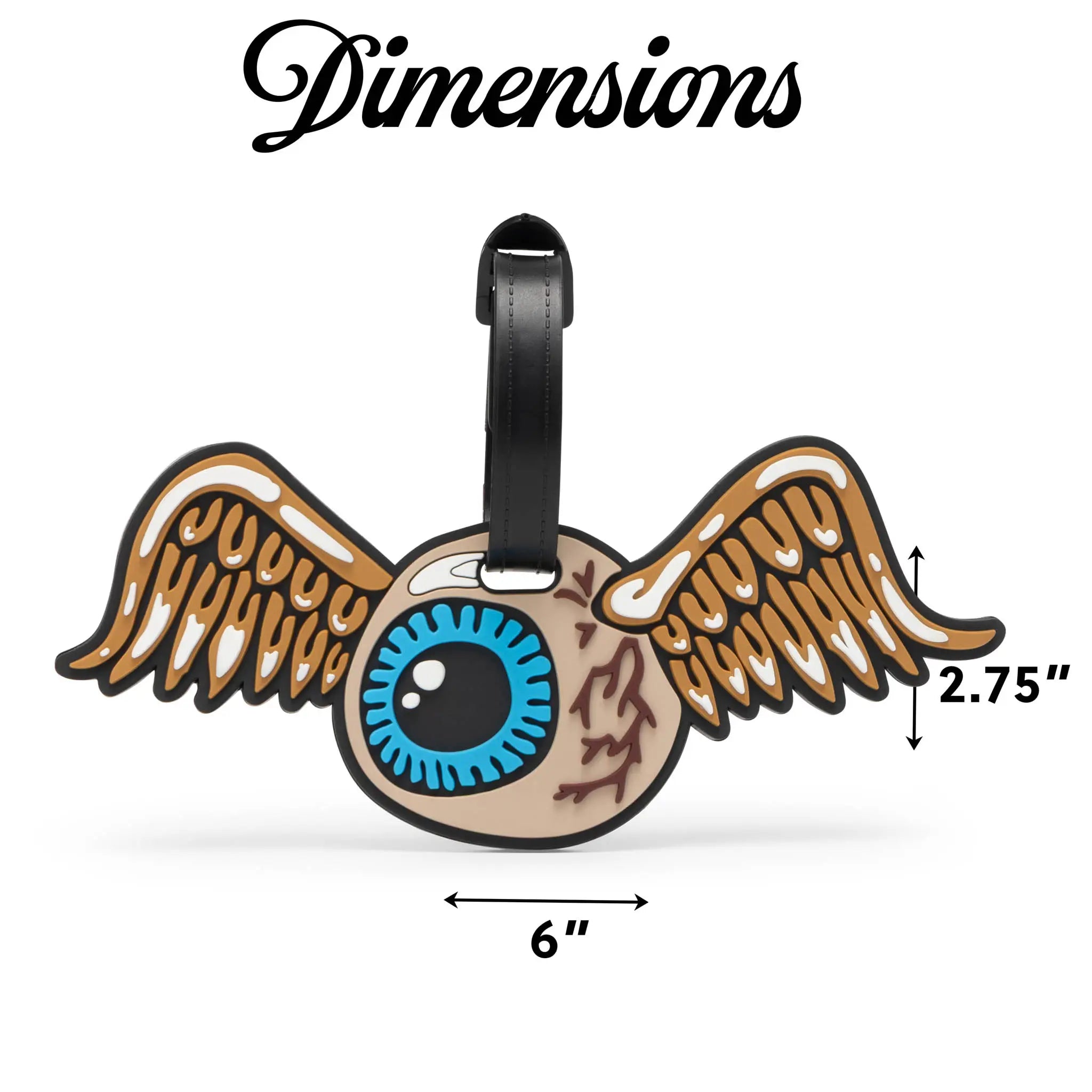 Winged eye-shaped keychain with dimensions labeled on a white background