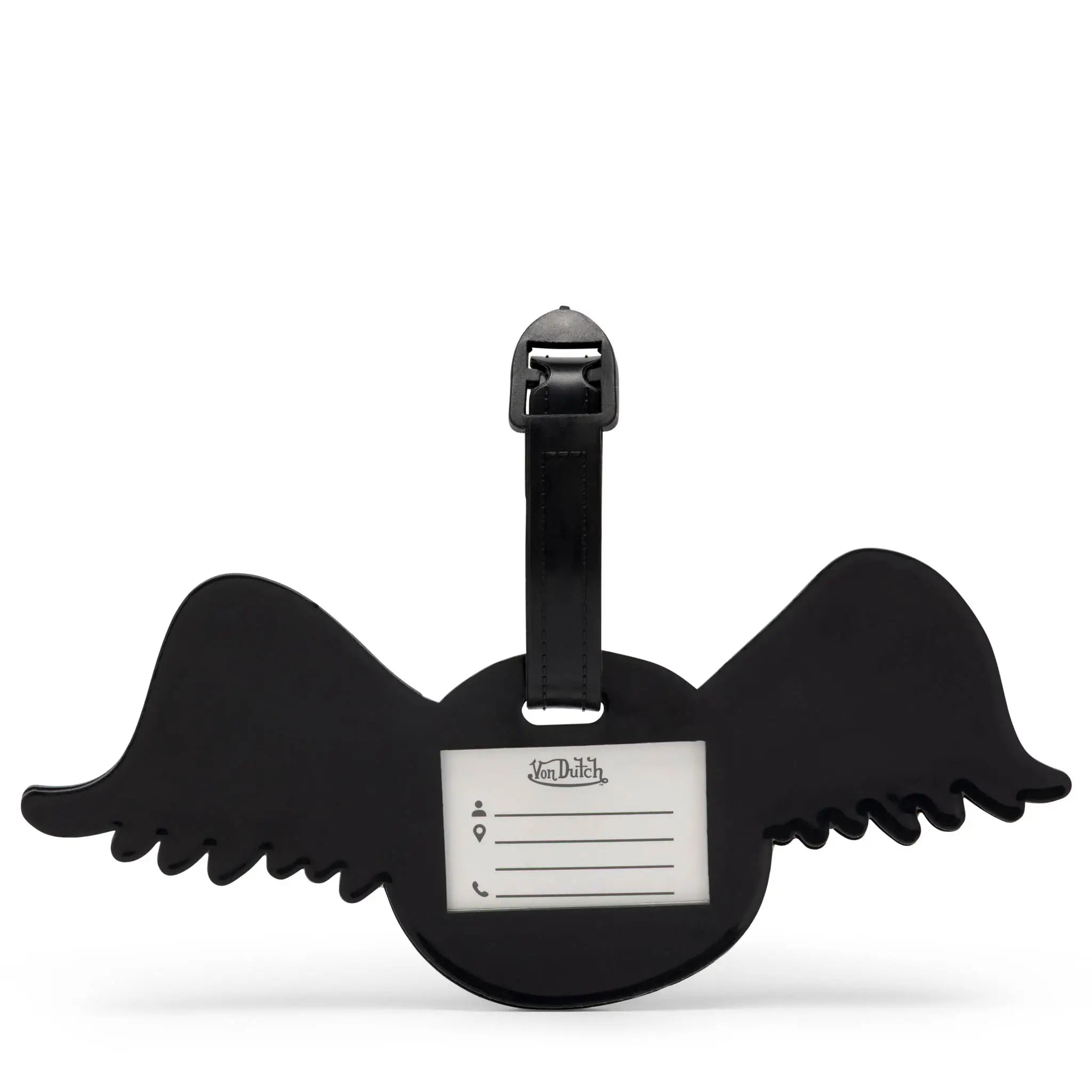 Black mustache-shaped luggage tag with a label on a white background