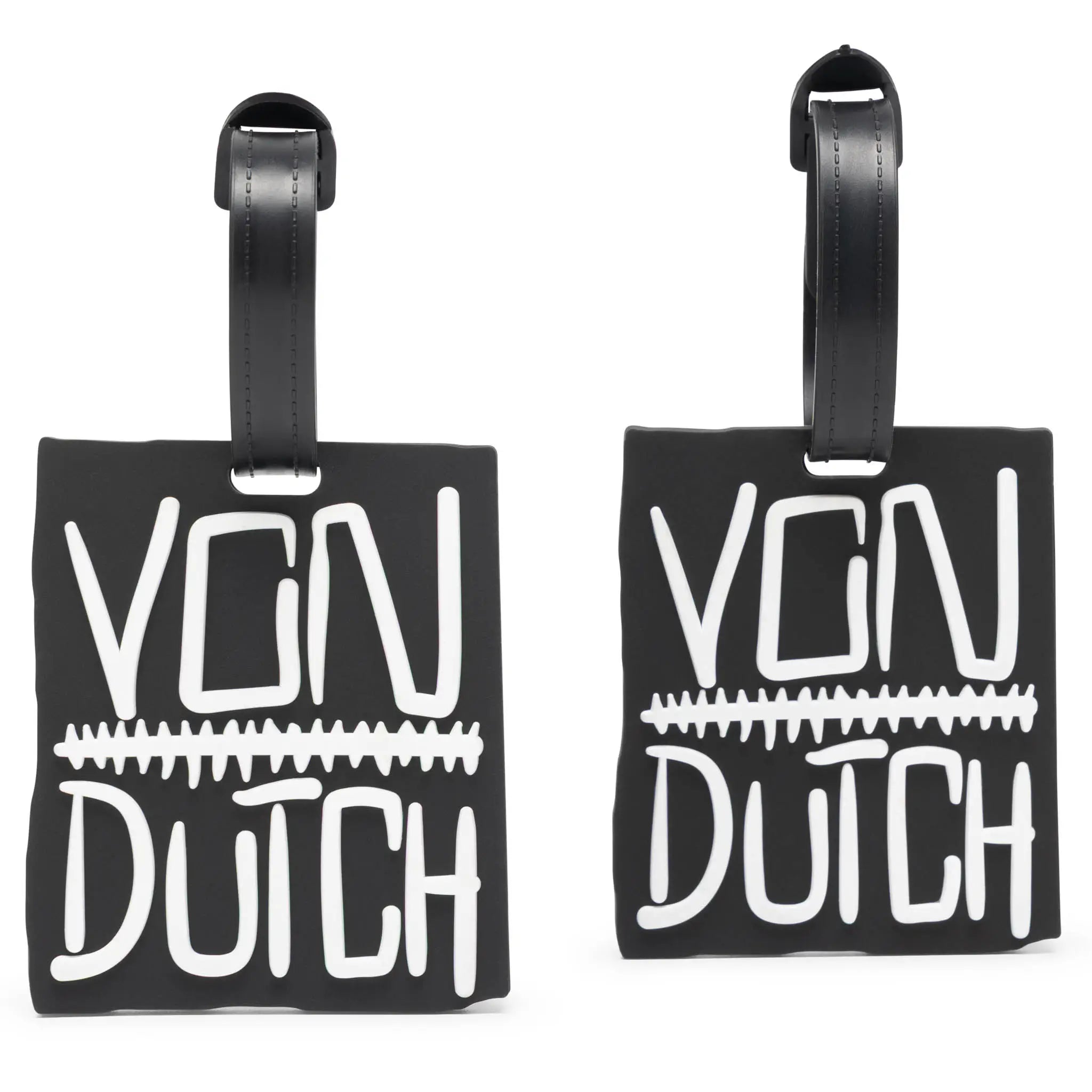 Two black luggage tags with 'VON DUTCH' text on a white background