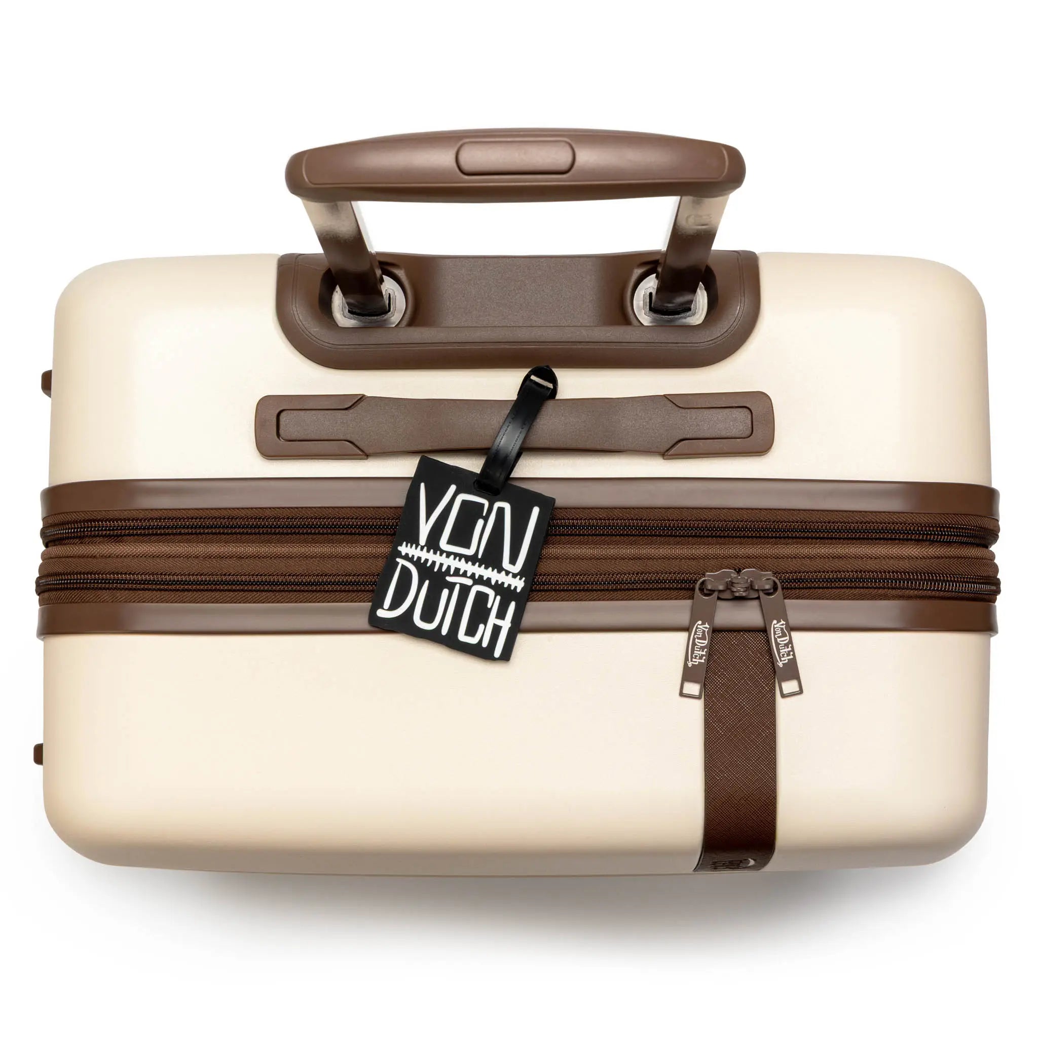 Beige suitcase with brown accents and Von Dutch tag on a white background