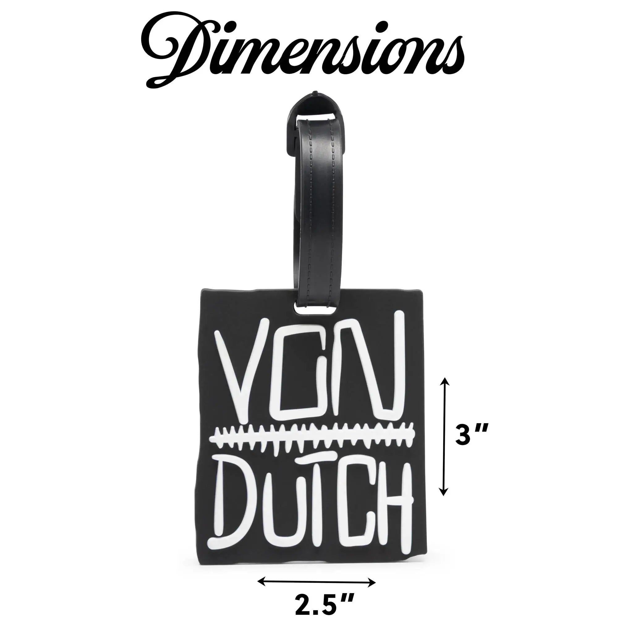 Black luggage tag with 'Von Dutch' branding and dimensions on a white background