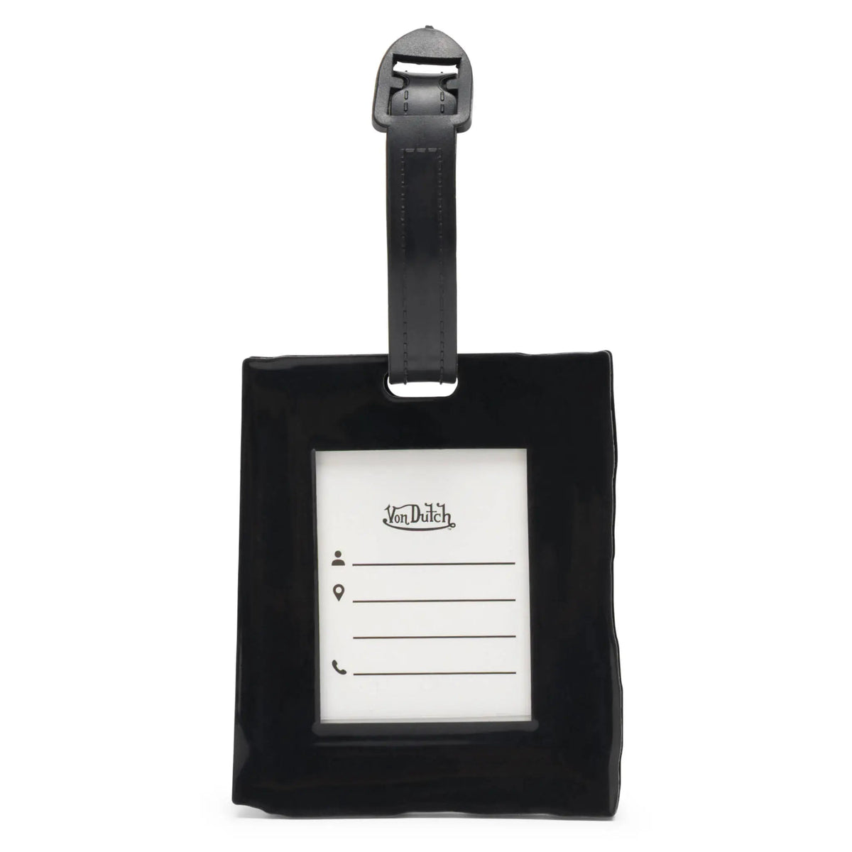 Black luggage tag with a white label on a white background