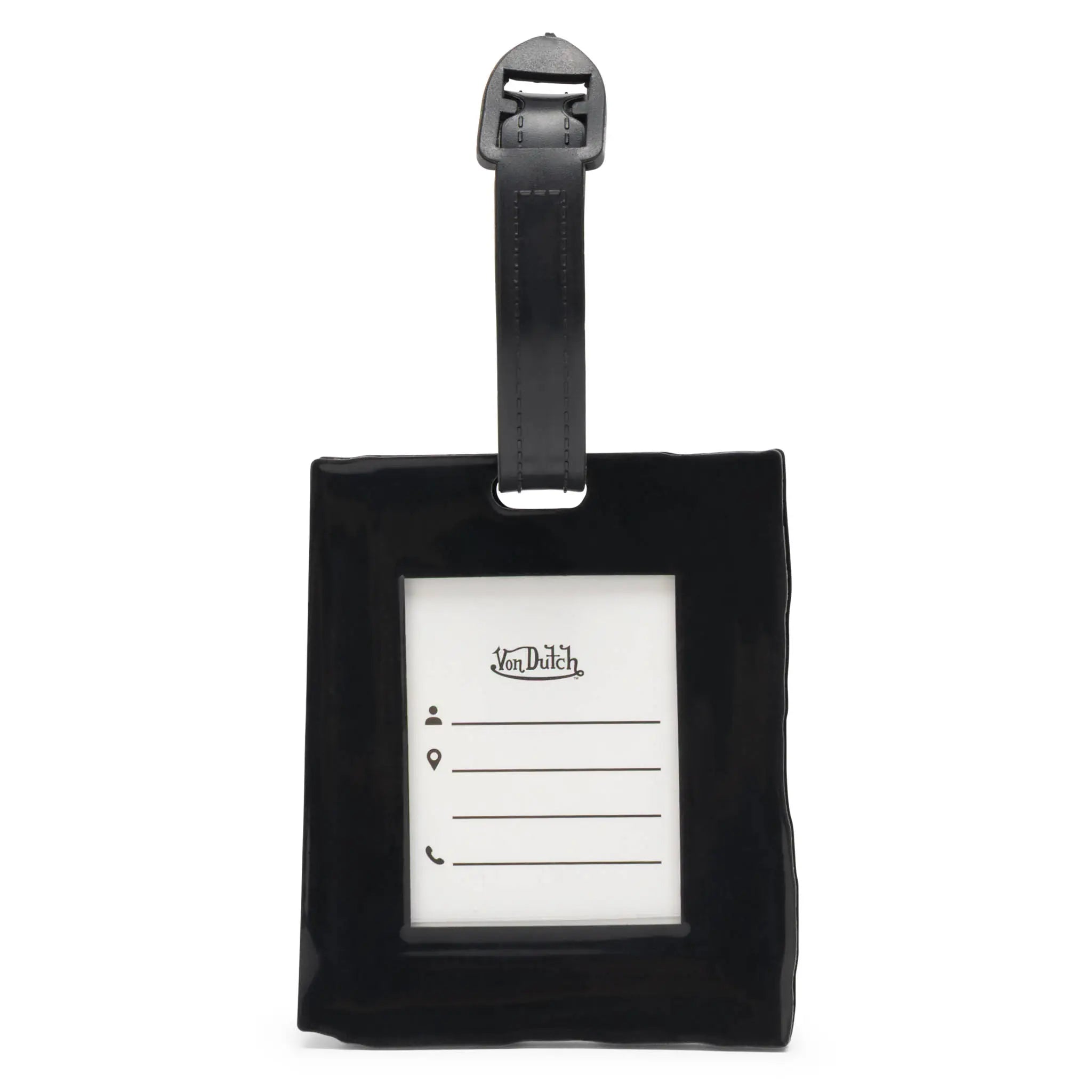 Black luggage tag with a white label on a white background