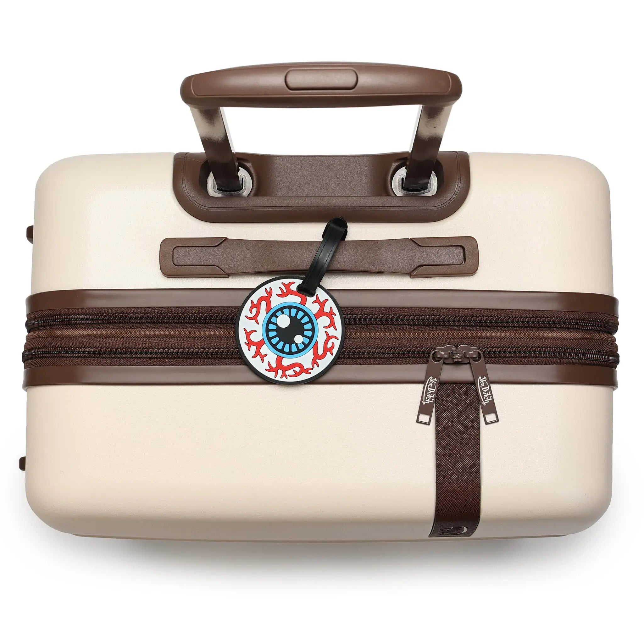 Beige suitcase with brown handle and trim on a white background