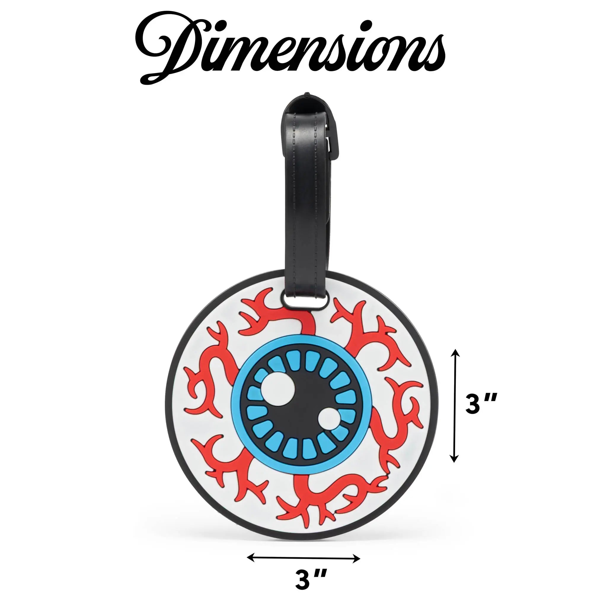 Round luggage tag with eye design and dimensions on a white background