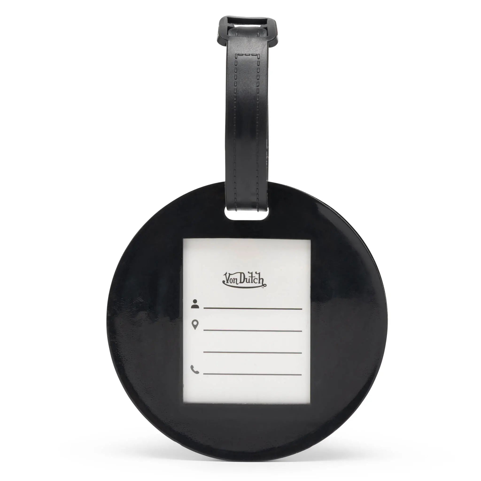 Black round luggage tag with a white label on a white background