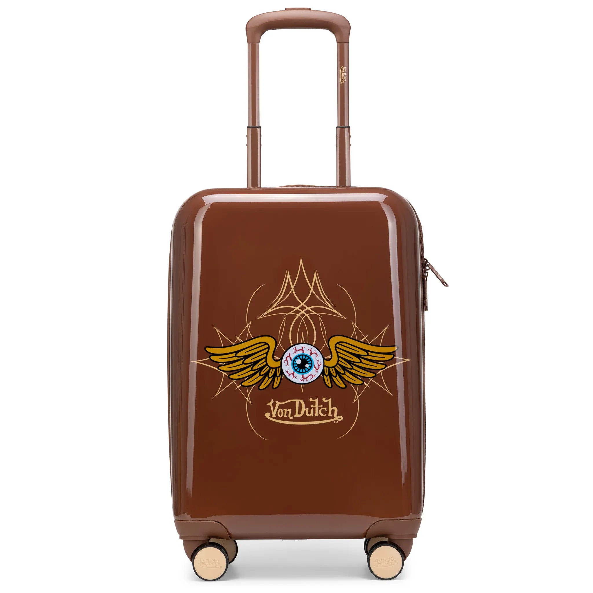 Brown suitcase with a decorative design and 'Von Dutch' branding on a white background