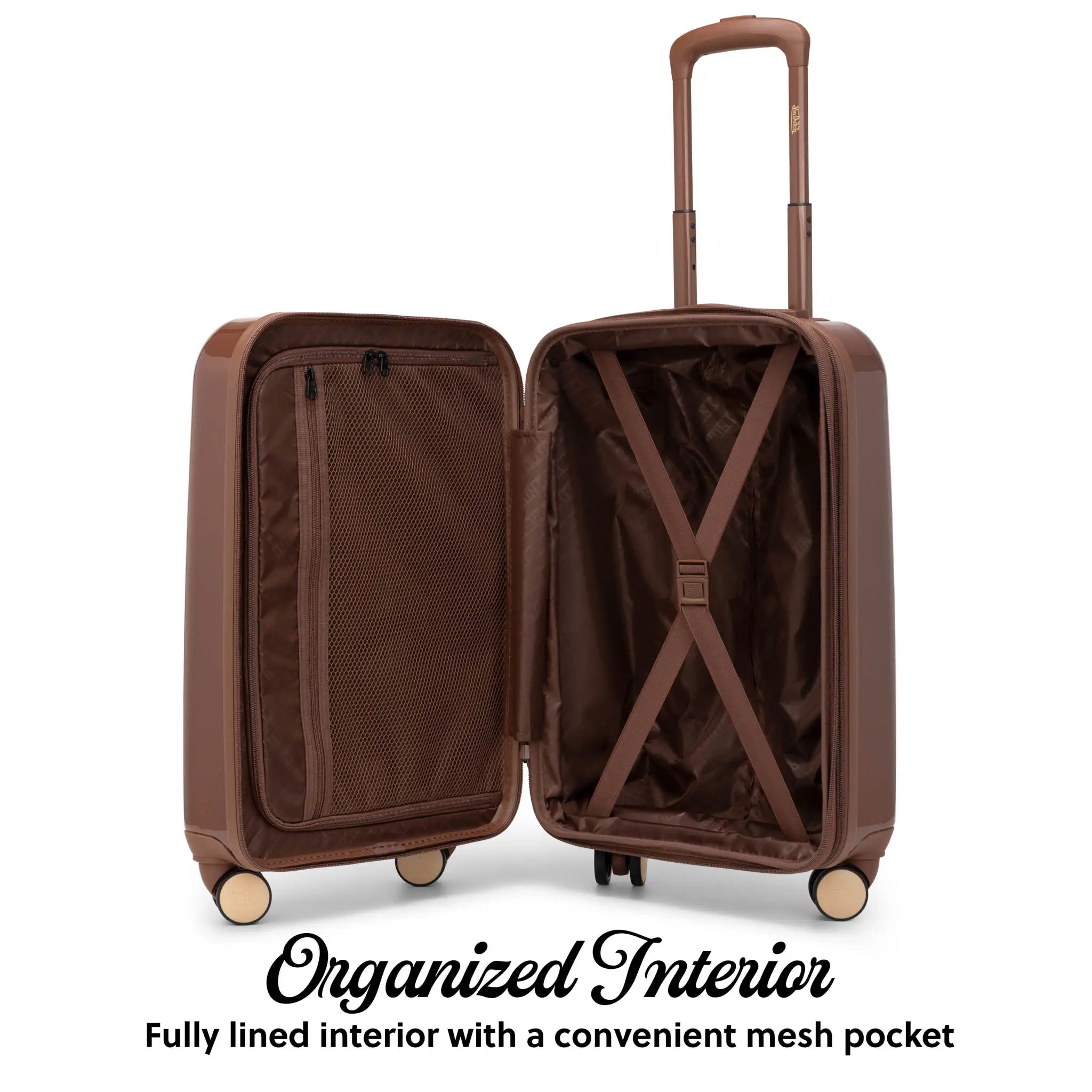 Brown suitcase with open lid showing organized interior on a white background