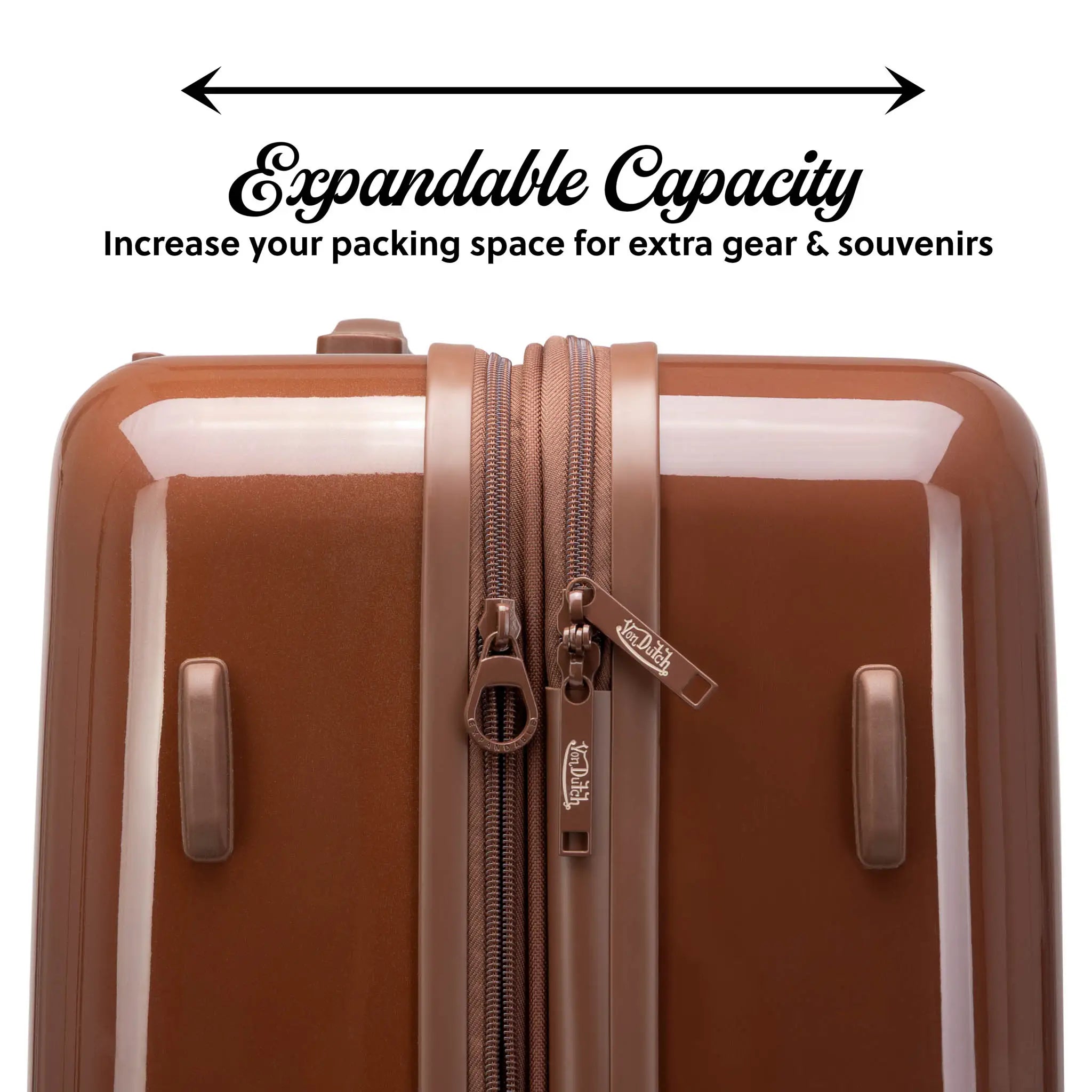 Brown suitcase with expandable capacity feature on a white background